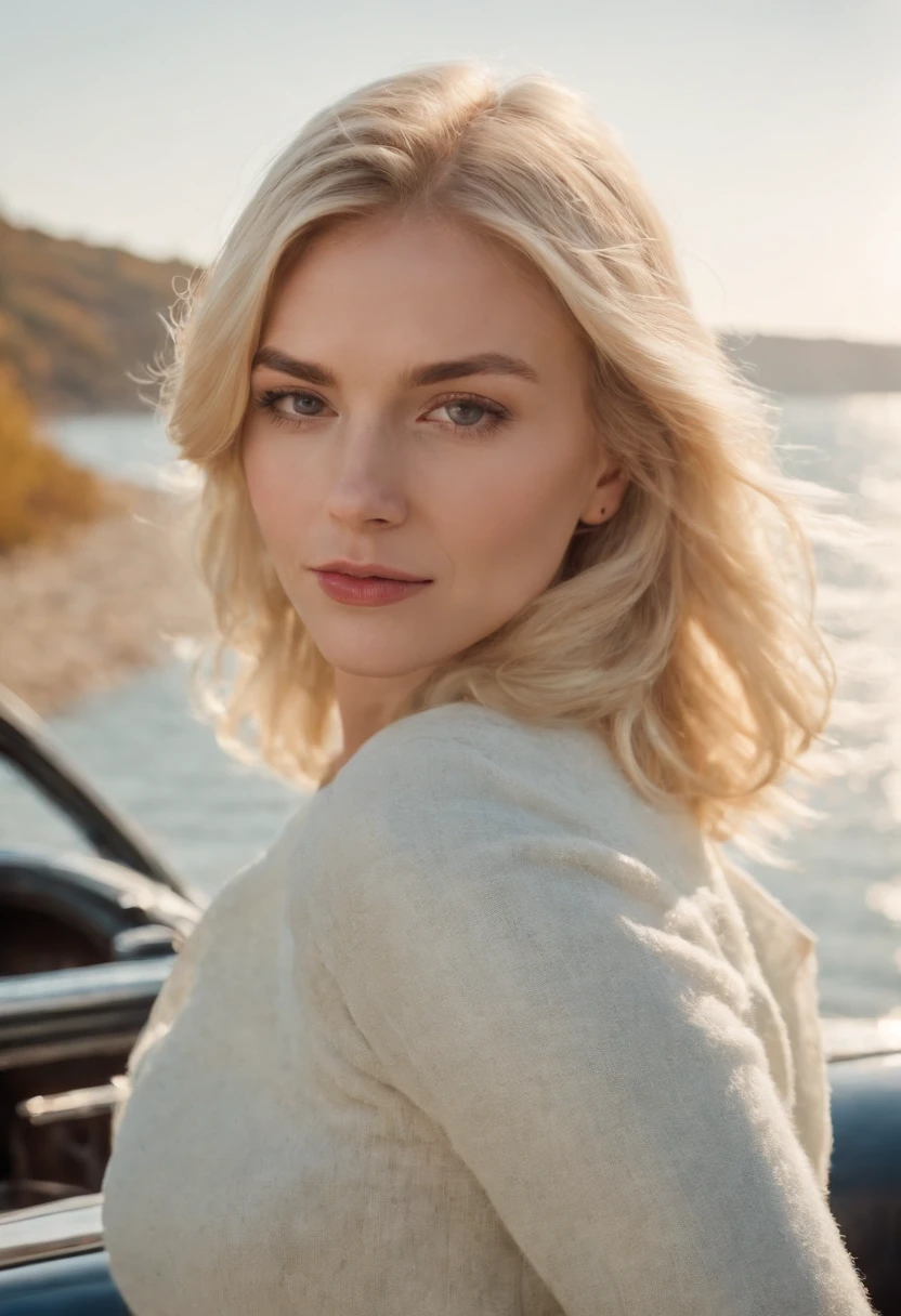 blonde woman,autumn , retro car and sea in the background, sunny day, half body shot, high quality photo