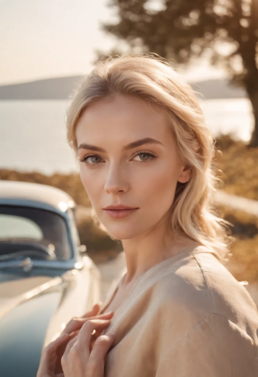 blonde woman,autumn , retro car and sea in the background, sunny day, half body shot, high quality photo