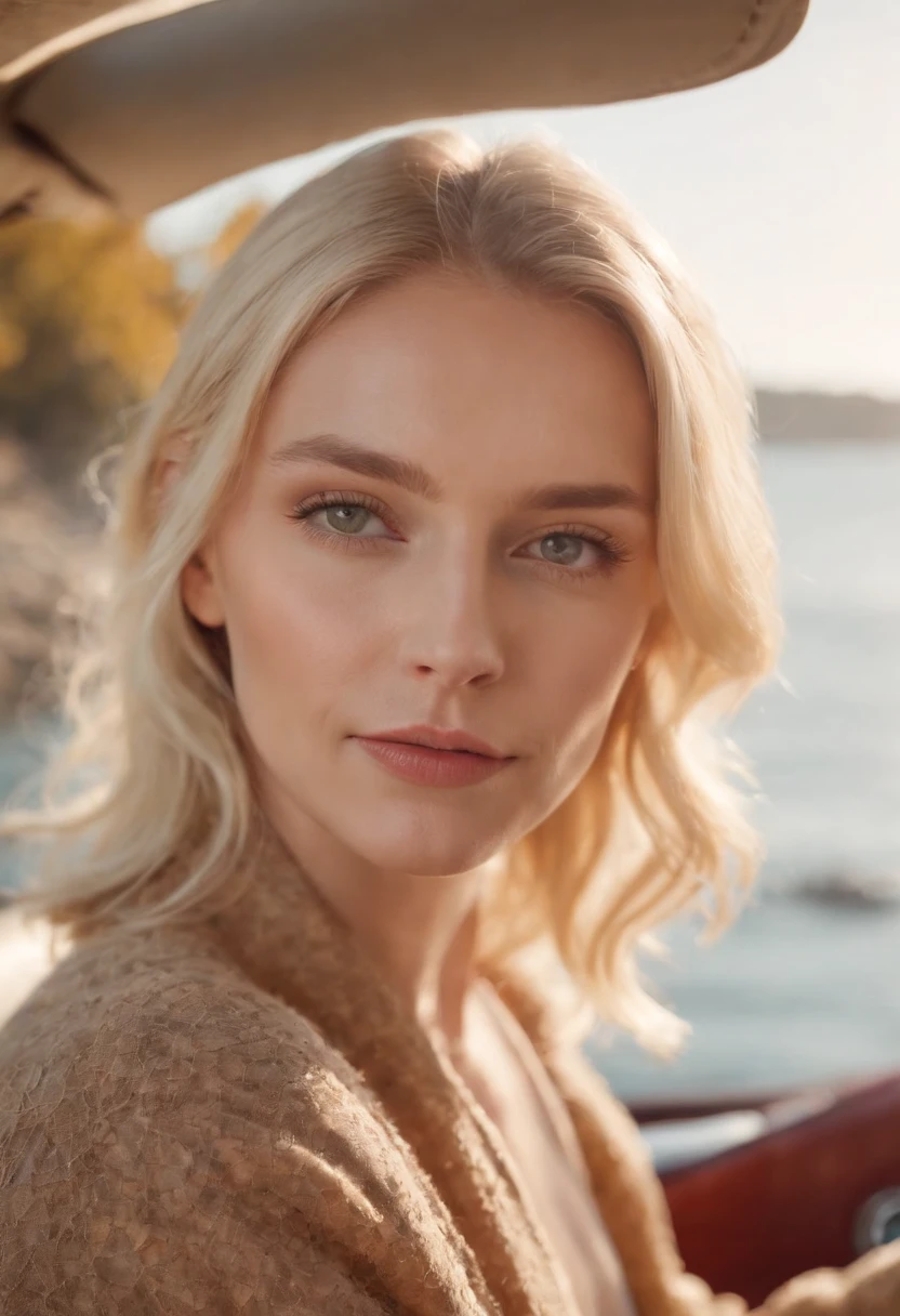 blonde woman,autumn , retro car and sea in the background, sunny day, half body shot, high quality photo