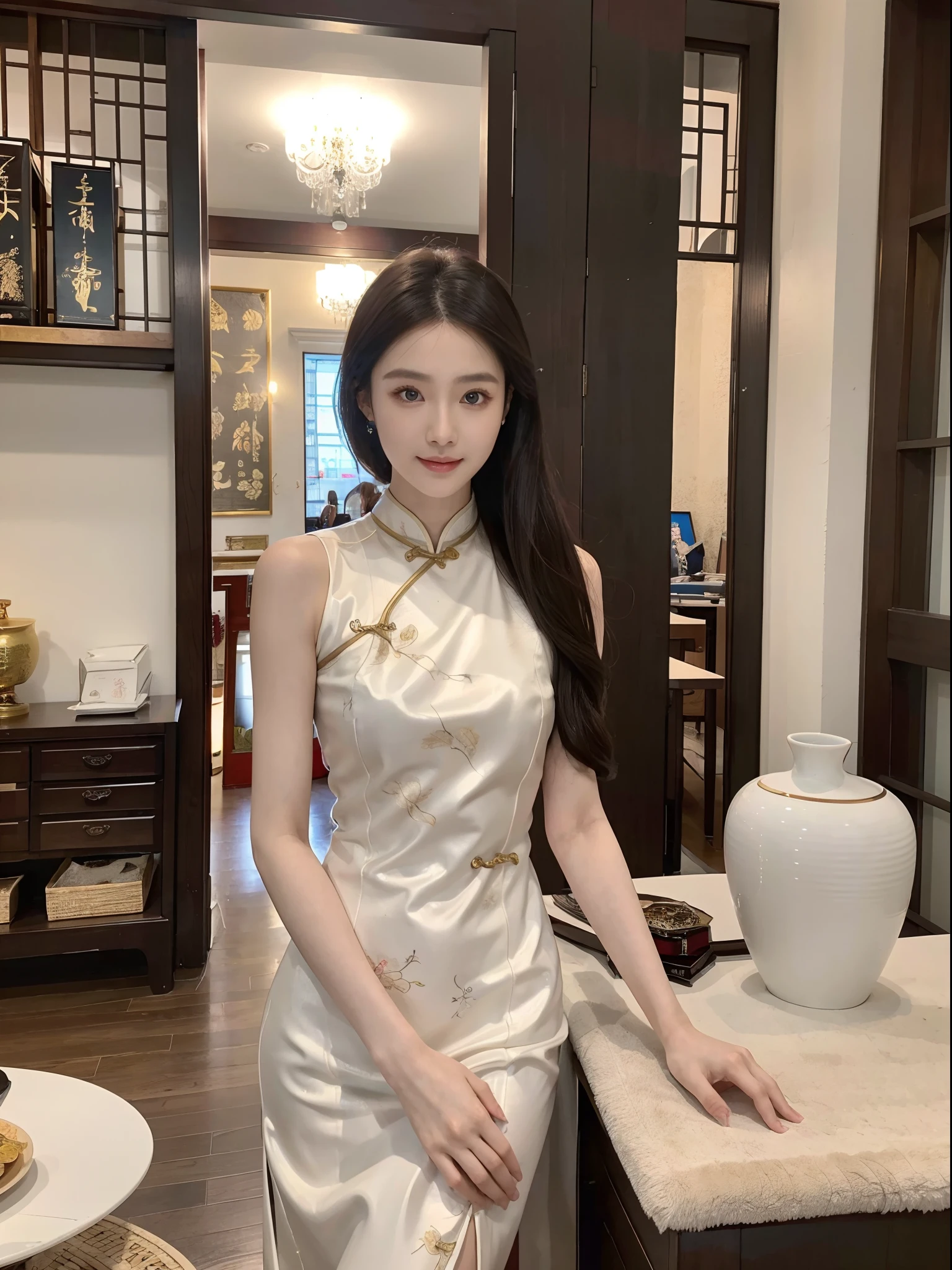 ，Masterpiece, Best quality，8K, 超高分辨率，Reallightandshadow，(Beautiful eyes looking into the camera:1.2)，True skin texture，Beautuful Women，Wearing a Chinese cheongsam，High-end luxurious and beautiful environment，