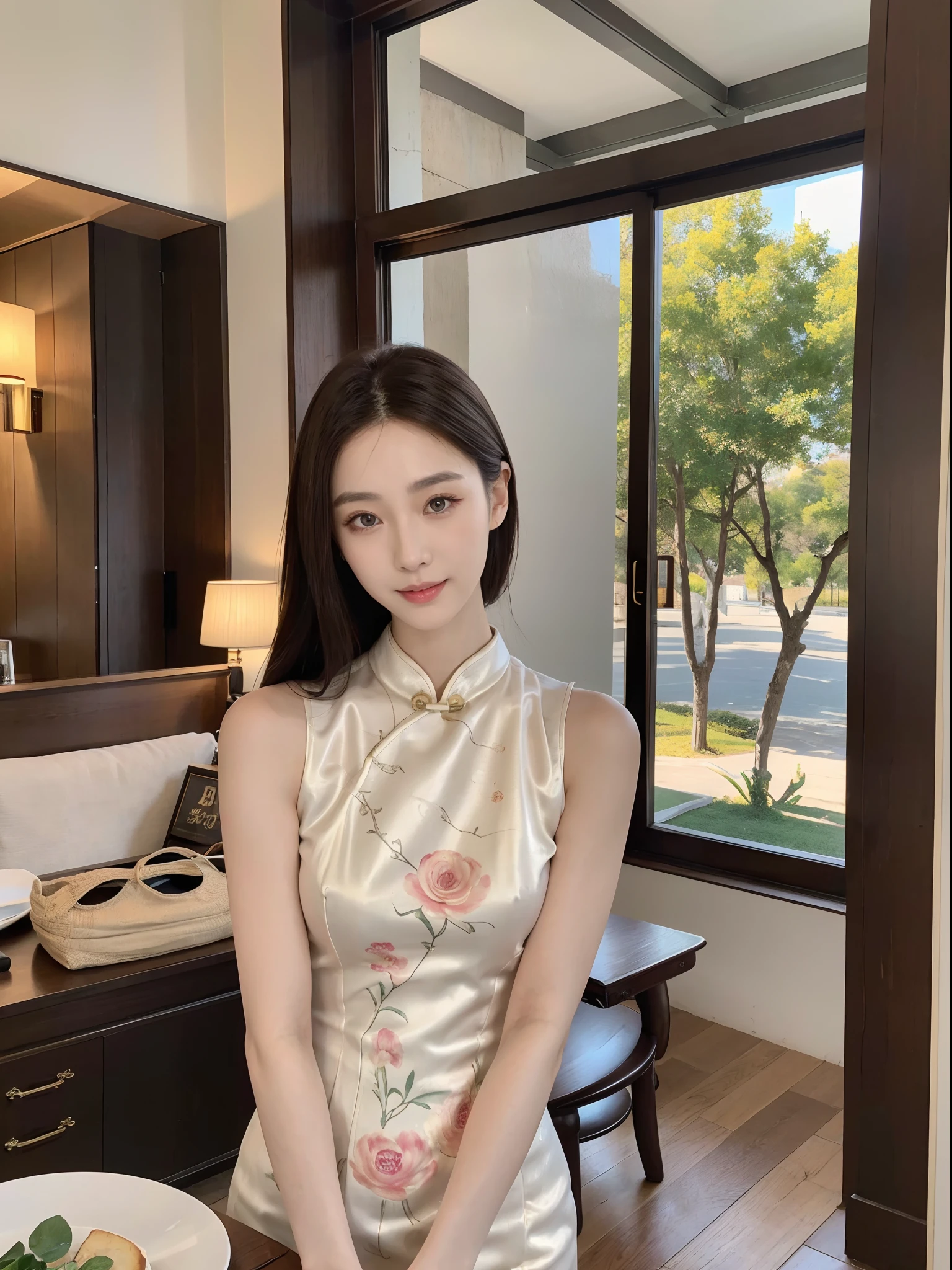 ，Masterpiece, Best quality，8K, 超高分辨率，Reallightandshadow，(Beautiful eyes looking into the camera:1.2)，True skin texture，Beautuful Women，Wearing a Chinese cheongsam，High-end luxurious and beautiful environment，