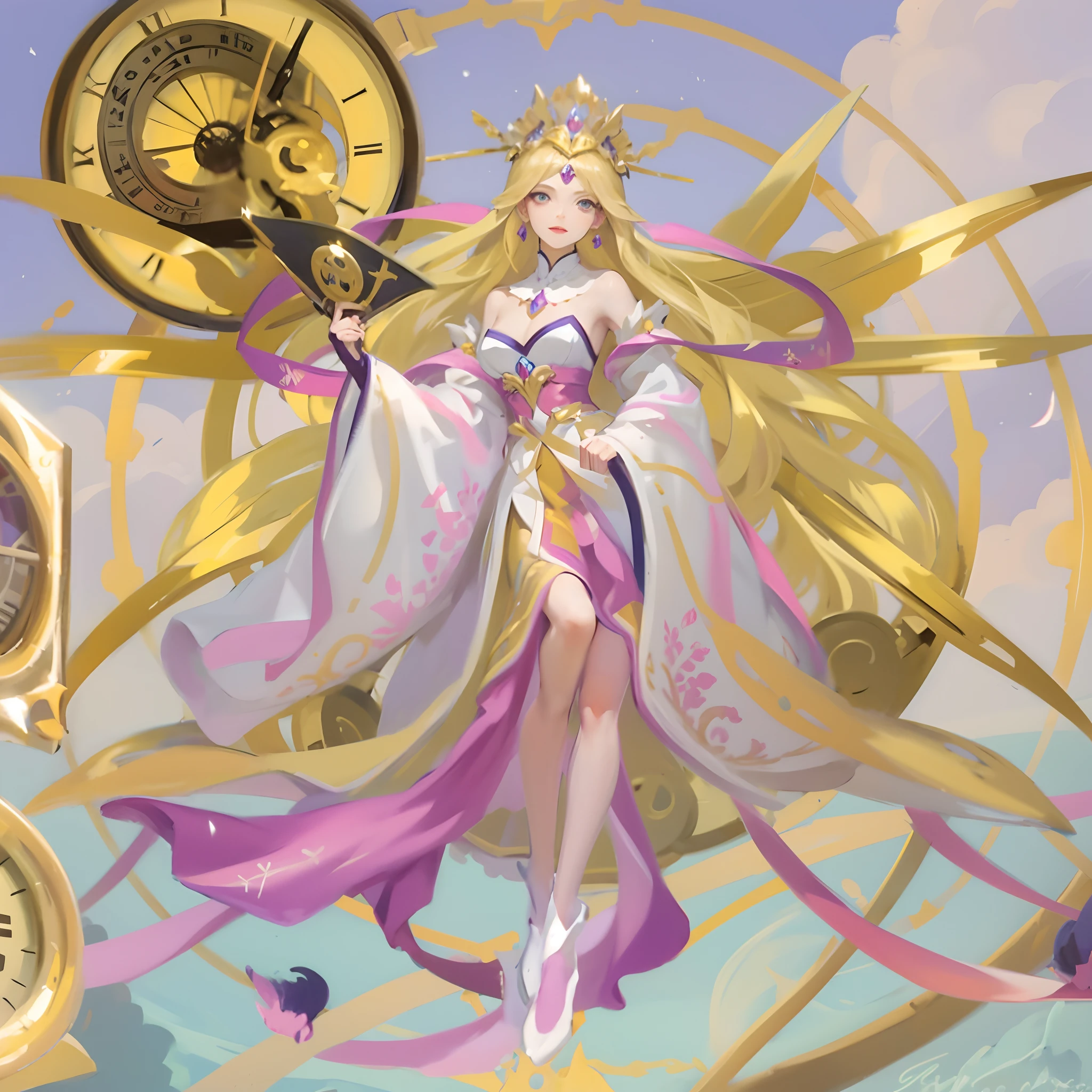 Araved image of a woman in a dress and clock, goddess of time, Anime goddess, Portrait Chevaliers du Zodiaque Fille, Kushatt Krenz Key Art Women, Beautiful celestial mage, gilded lotus princess, celestial goddess, Goddess of Light, golden goddess athena, knights of zodiac girl, portrait of queen of light, a beautiful fantasy empress,With a fan in his hand