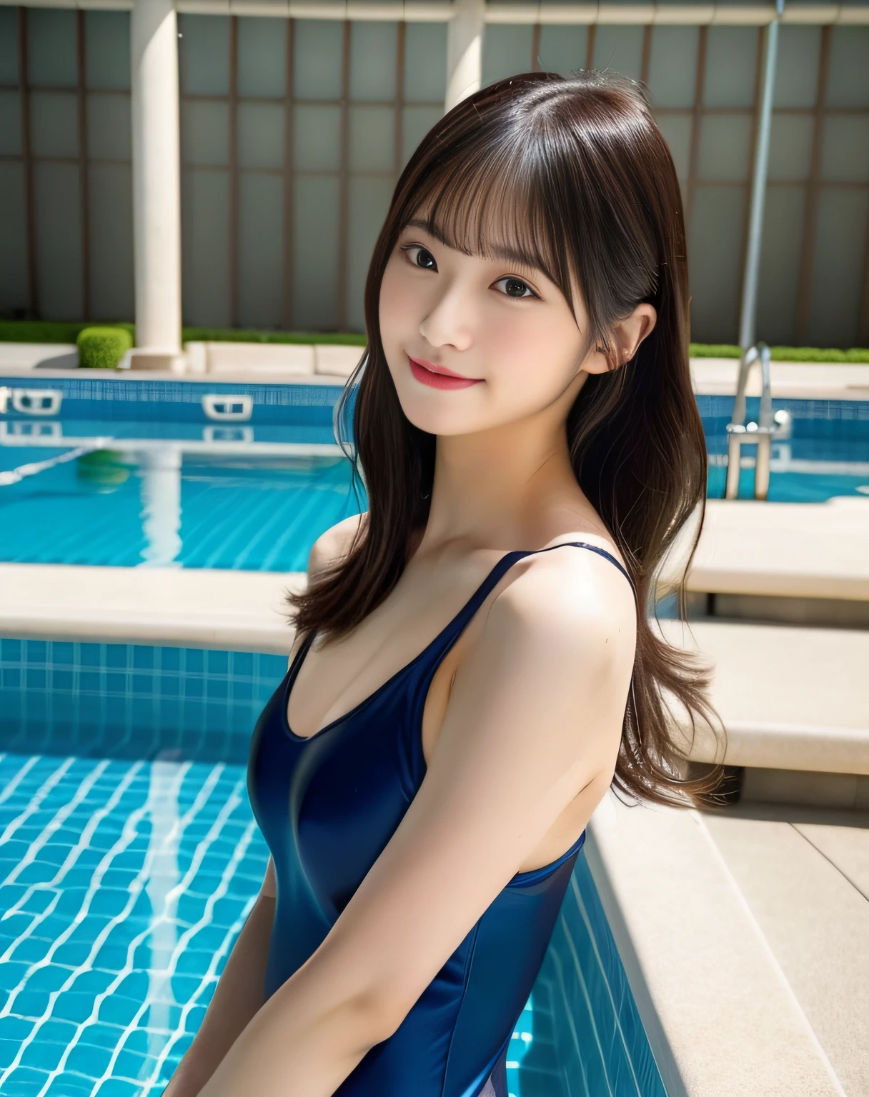 table top, highest quality, figure, super detailed, finely, High resolution, 8k wallpaper, 完璧なダイナミックな構figure, beautiful and fine eyes, medium hair,Wet school swimsuit、large breast0、natural color lip, bold sexy pose,smile,Harajuku、20 year old girl、cute、sexy shot looking at camera、(standing in the shallow water of the school pool、from the knees up)、I could see the whole body、breast focus