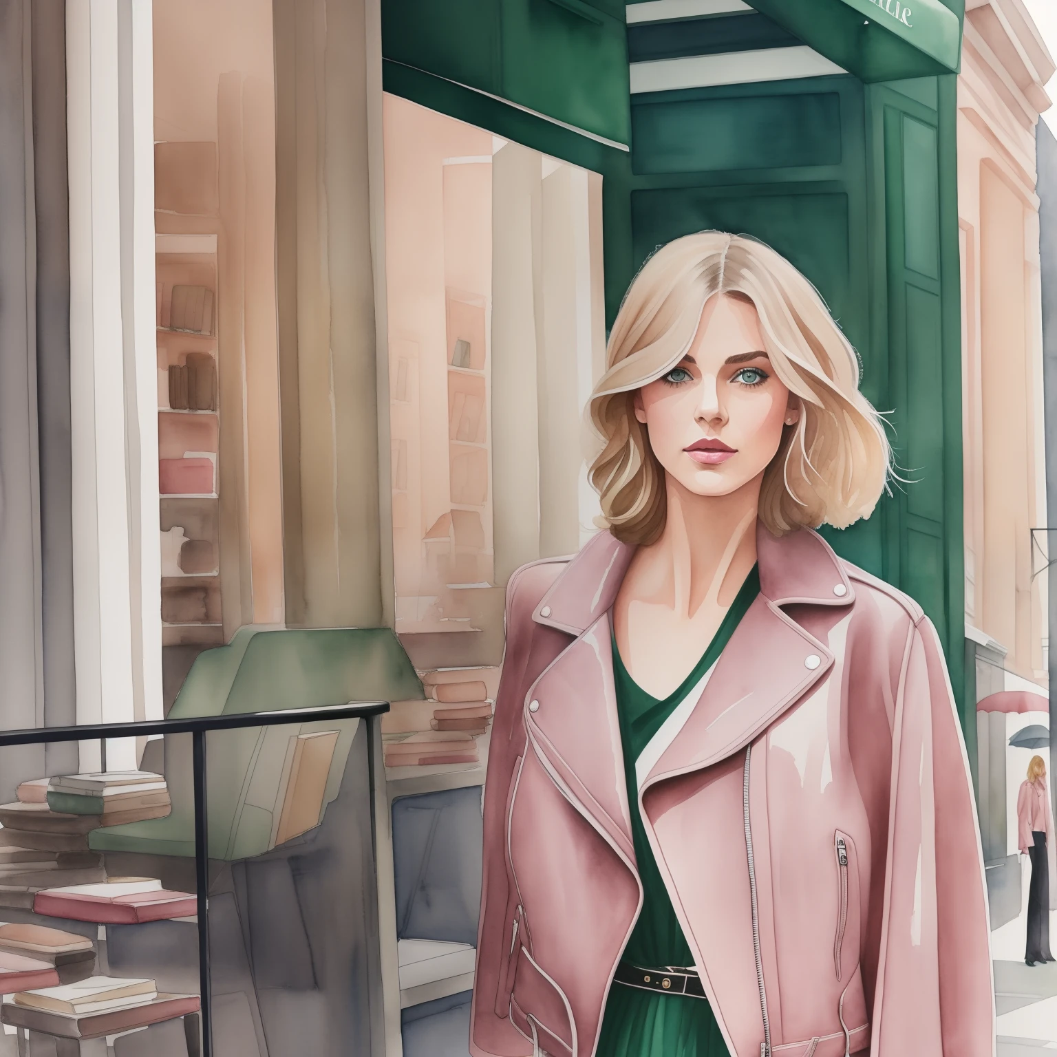 Cecilia carltedt fashion illustration, woman light brown blonde french bob, green eyes, gentle pink lipstick, oversized gray leather jacket, paris street, book shop, natural color, cinematic, watercolor, hand-drown
