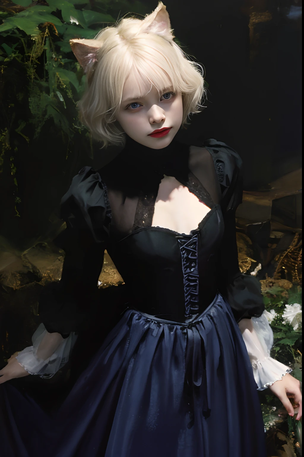 Top image quality、masterpiece、an oil painting、Aerial perspective、thirds rule、Beautiful Nordic girl、A little taller、Gentle expression、slightly smaller eyes、Pretty small face、Light makeup、Cat ears on the head、Platinum blonde short hair、middlebreasts、big butts、slightly thicker legs、Long Sleeve Gothic Dress、long skirt、The basement of the old castle、A lot of red roses、lanthanum、blue moonlight