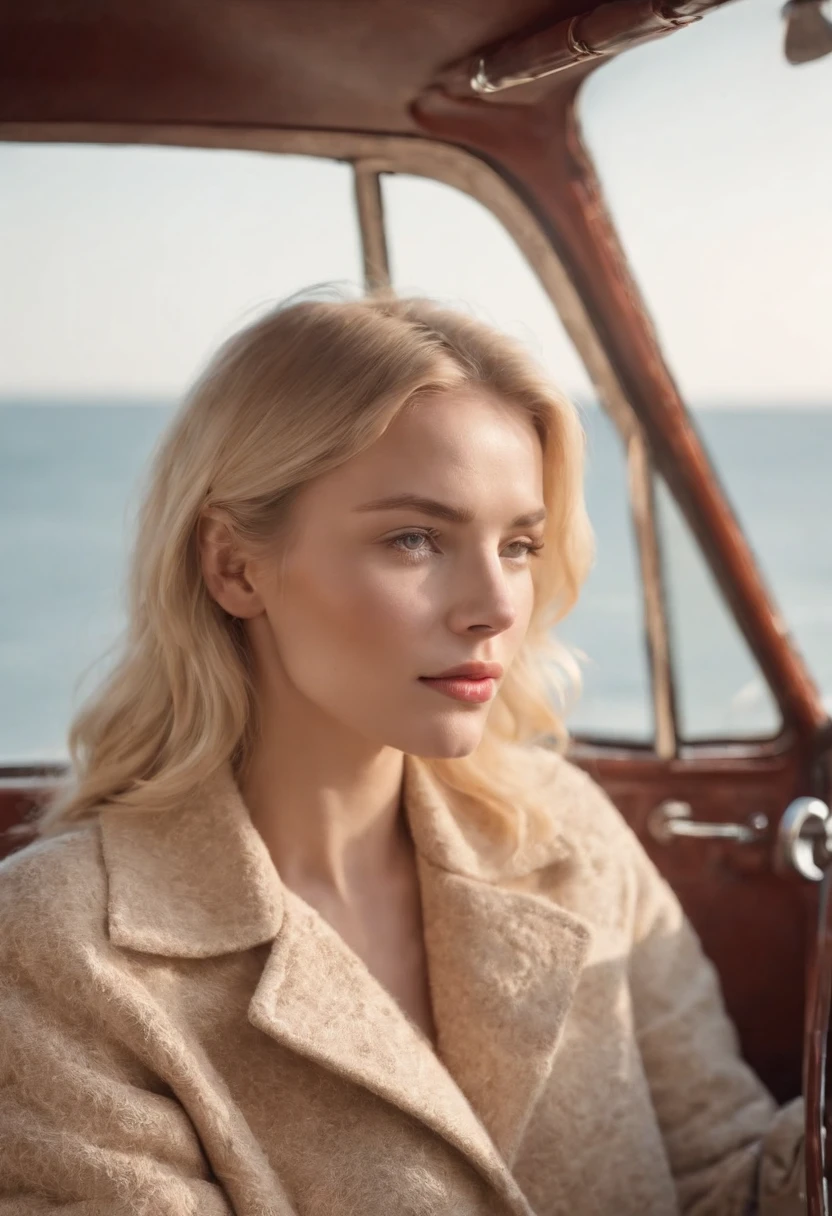 blonde woman,autumn , retro car and sea in the background, sunny day, half body shot, high quality photo