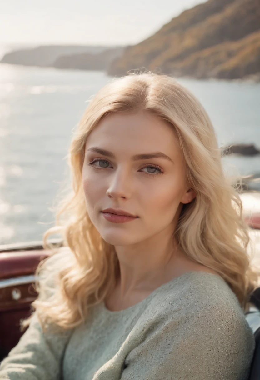 blonde woman,autumn , retro car and sea in the background, sunny day, half body shot, high quality photo