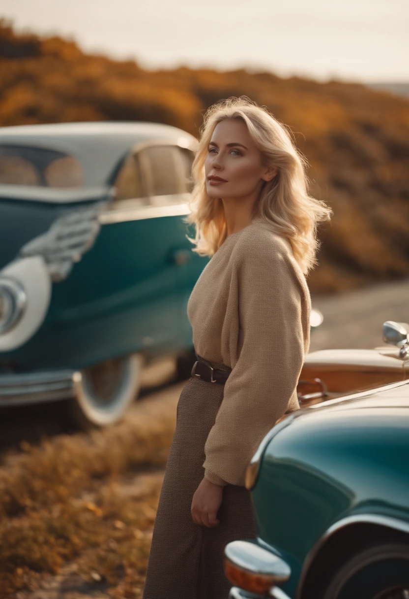 blonde woman,autumn , retro car and sea in the background, sunny day, half body shot, high quality photo