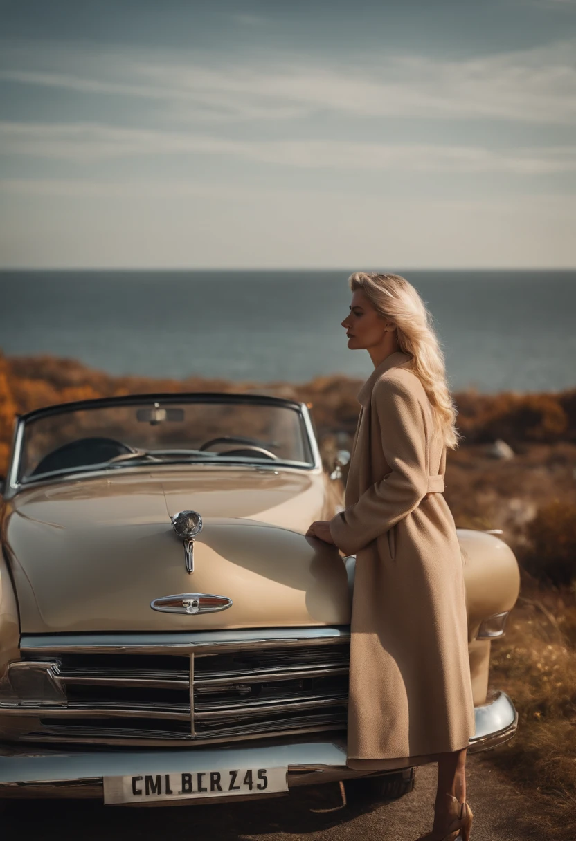blonde woman,autumn , retro car and sea in the background, sunny day, half body shot, high quality photo