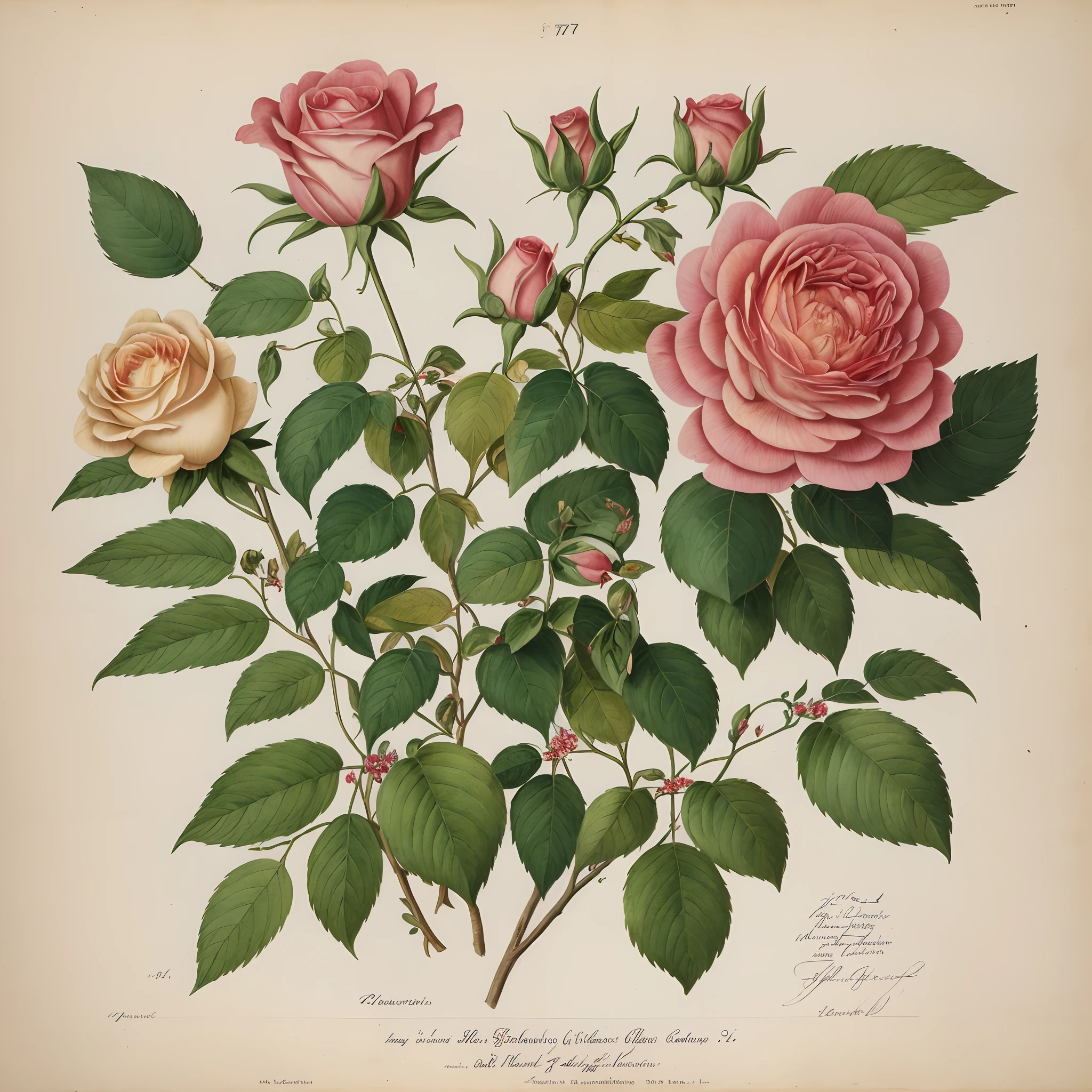 (best quality:1.2), (detailed:1.2), (masterpiece:1.2), vintage botanical illustrations of Larger Provence Rose (1770 1775) in high resolution by John Edwards