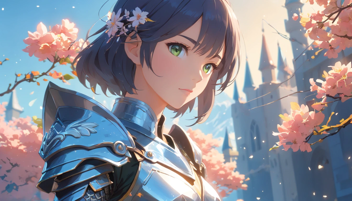 3d animation, (masterpiece, best quality),(extremely intricate:1.3), (realistic), 1girl, milf, caucasian, green eyes, perfect eyes, perfect iris, perfect pupils, perfect lips, perfect nose, perfect hands, very detailed hands, perfect fingers, black hair, short hair, straight hair, bobbles ponytail hair, (medieval armor), metal reflections, (((silver armor))), outdoors, far away castle, (ornately decorated armor), (insanely detailed, bloom:1.5), chainmail, intense sunlight, professional photograph of a stunning woman detailed, sharp focus, award winning, cinematic lighting, blurry background, upper body, ((confident)), (Pose:looking at the camera), shadows, contrast, clear blue sky, constellations, peaceful, serene, quiet, tranquil, remote, secluded, adventurous, exploration, escape, independence, survival, resourcefulness, challenge, perseverance, stamina, endurance, observation, intuition, adaptability, creativity, imagination, artistry, inspiration, beauty, awe, wonder, gratitude, appreciation, relaxation, enjoyment, rejuvenation, mindfulness, awareness, connection, harmony, balance, texture, detail, realism, depth, perspective, composition, color, light, shadow, reflection, refraction, tone, contrast, foreground, middle ground, background, naturalistic, figurative, representational, impressionistic, expressionistic, abstract, innovative, experimental, unique
