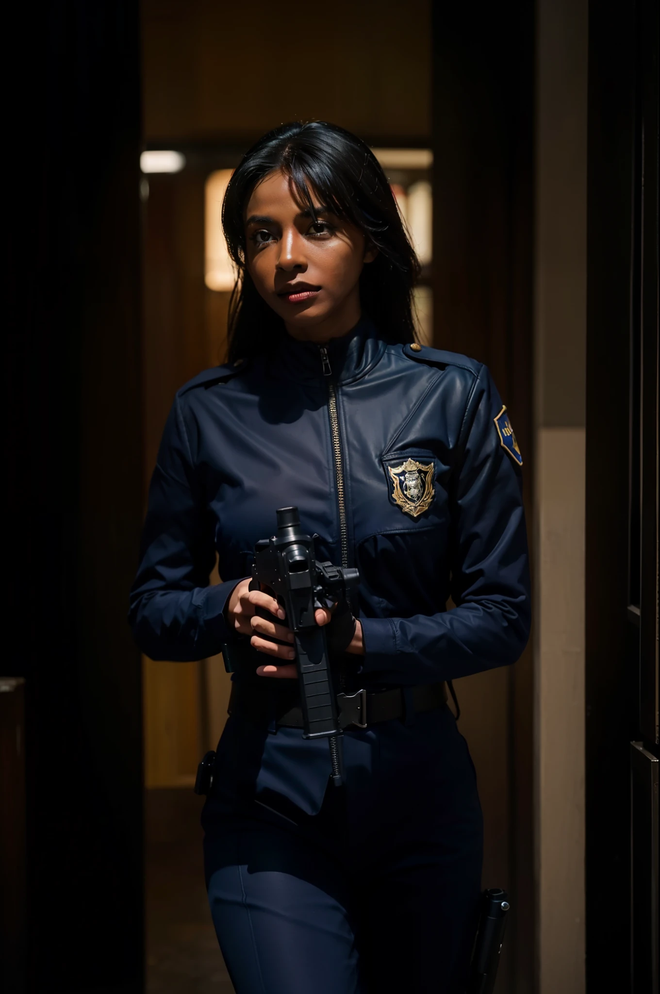A dark-skinned police woman in Gotham with a gun in her hand