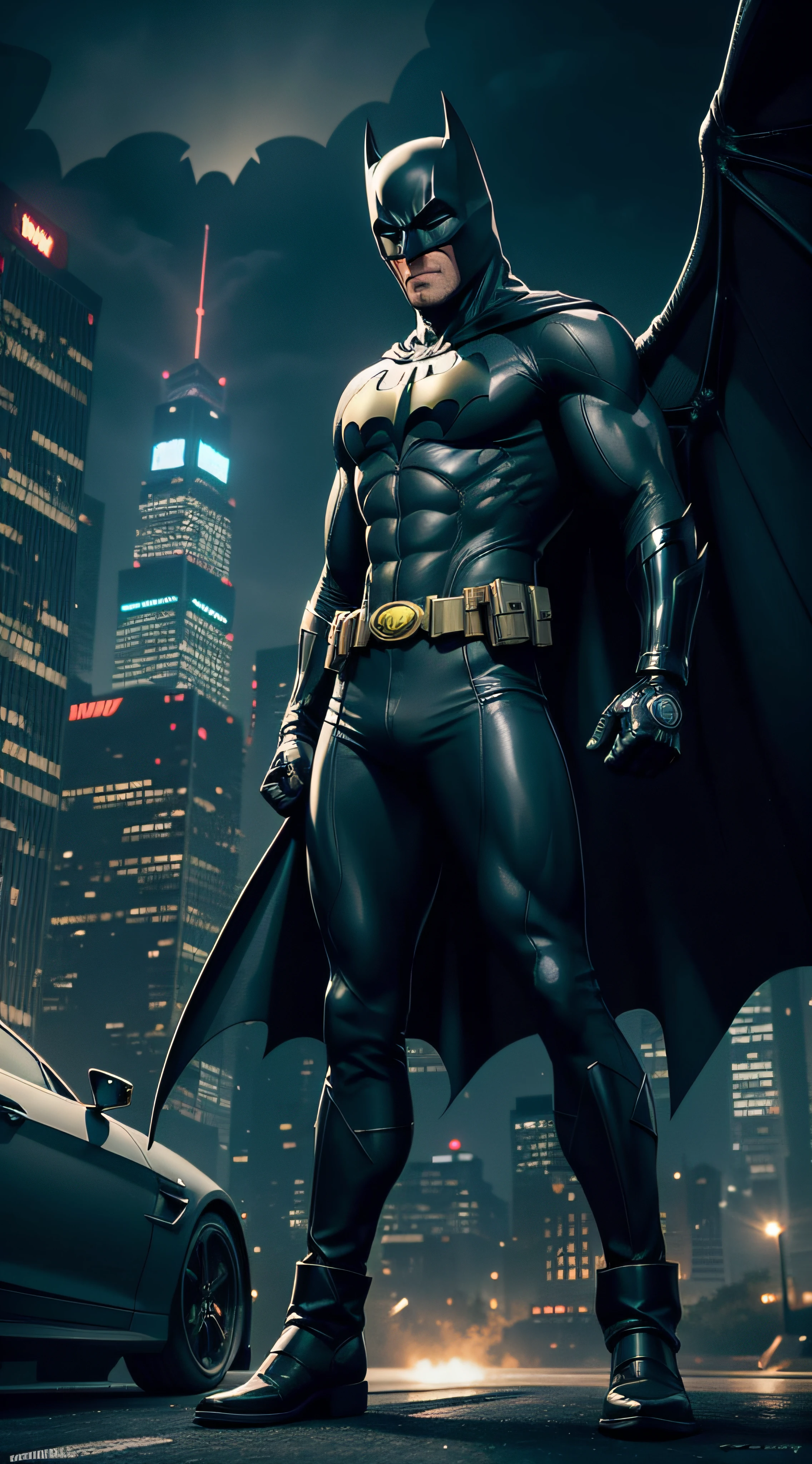 (best quality, highest:1.2), ultra-detailed, realistic:1.37, 3D animation, batman, super car, action-packed, heroic, nighttime, shiny metallic body, sleek design, dynamic movement, detailed perfect body, detailed beautiful body, cityscape backdrop, intense lighting, moody atmosphere, comic book style, vibrant colors, contrast, dramatic poses, laser eyes, cape flowing in the wind, explosions and special effects, ominous shadows, gritty urban environment, gadget-filled belt, masked vigilante, badass attitude, futuristic technology, fast-paced motion, high-tech gadgets, foreboding rooftop scene, iconic bat symbol, adrenaline-fueled chase scene, high-octane adventure, wings spread wide, superheroes maneuvers, thrilling adrenaline rush, crime-fighting sensation, imposing presence, incredible superpowers, mysterious persona, classic superhero, vivid and crisp visuals, attention-grabbing aesthetics, astonishing attention to detail, grand and epic spectacle