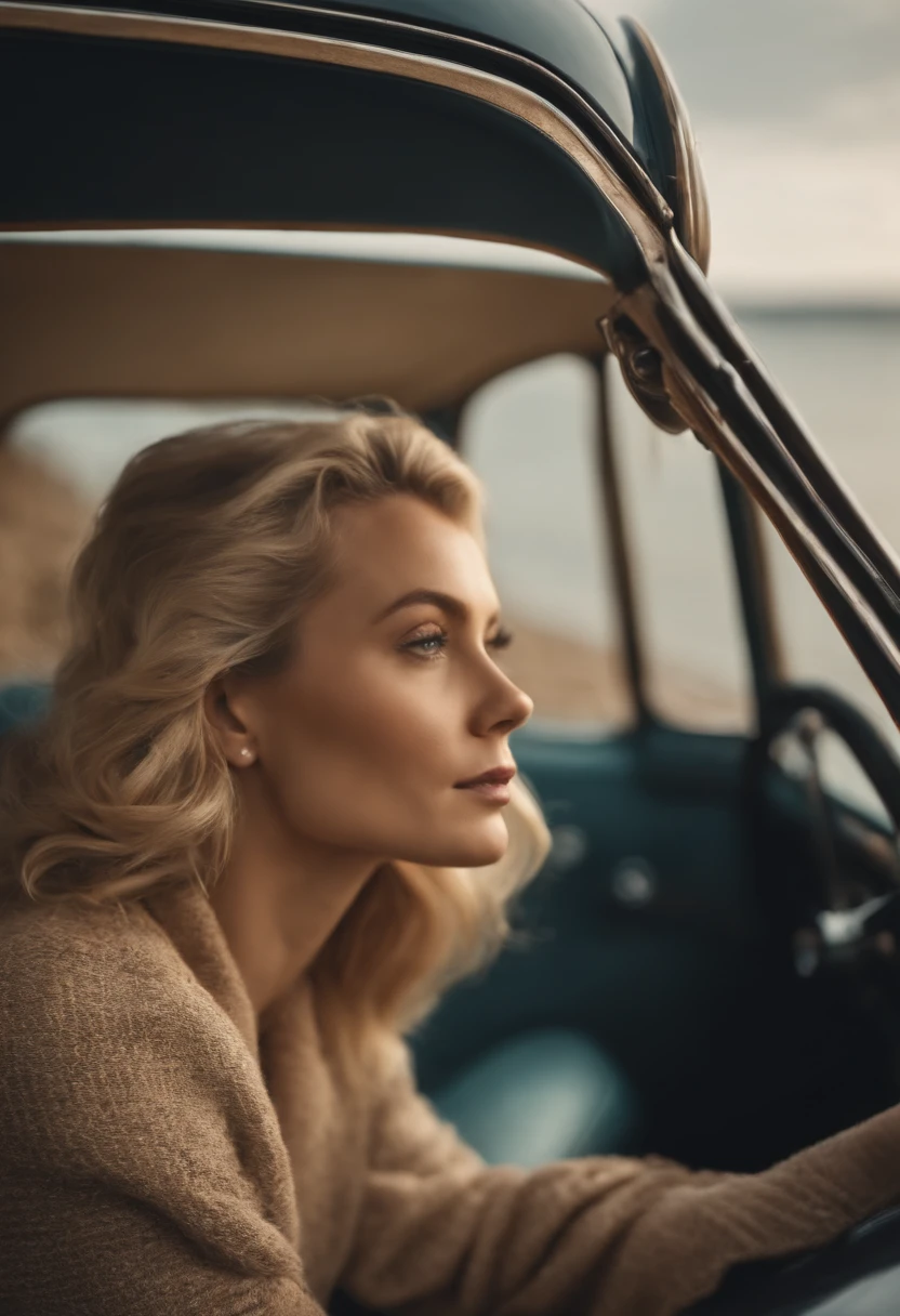 blonde woman,autumn , retro car and sea in the background, sunny day, half body shot, high quality photo
