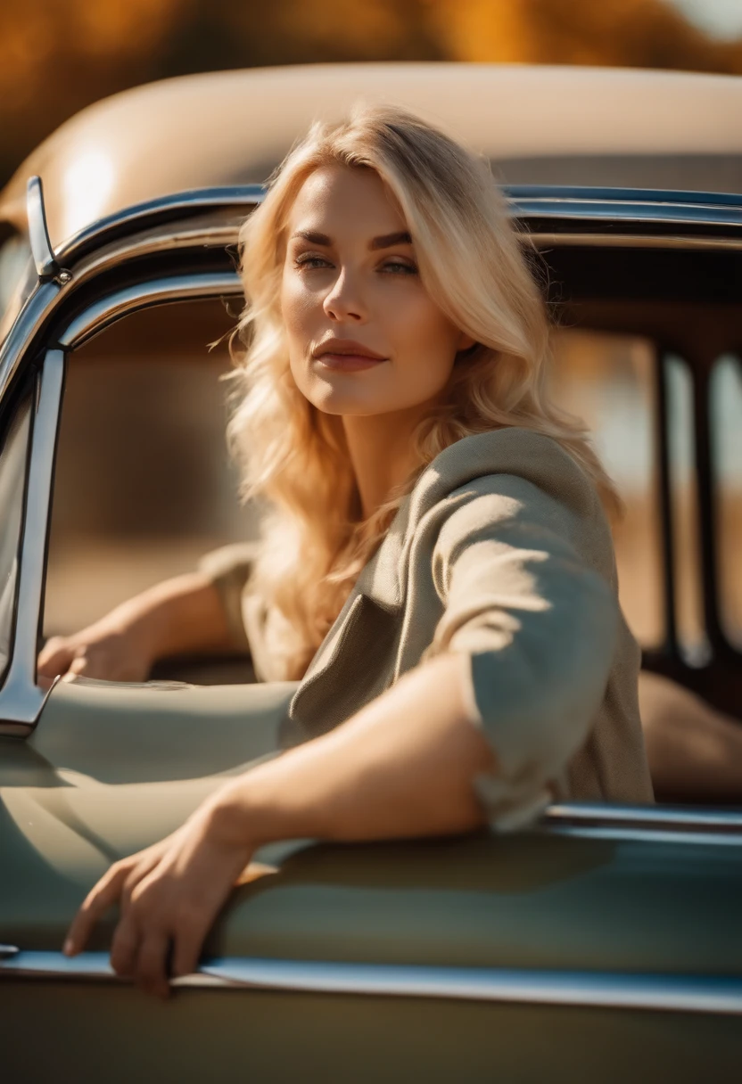 blonde woman,autumn , retro car and sea in the background, sunny day, half body shot, high quality photo