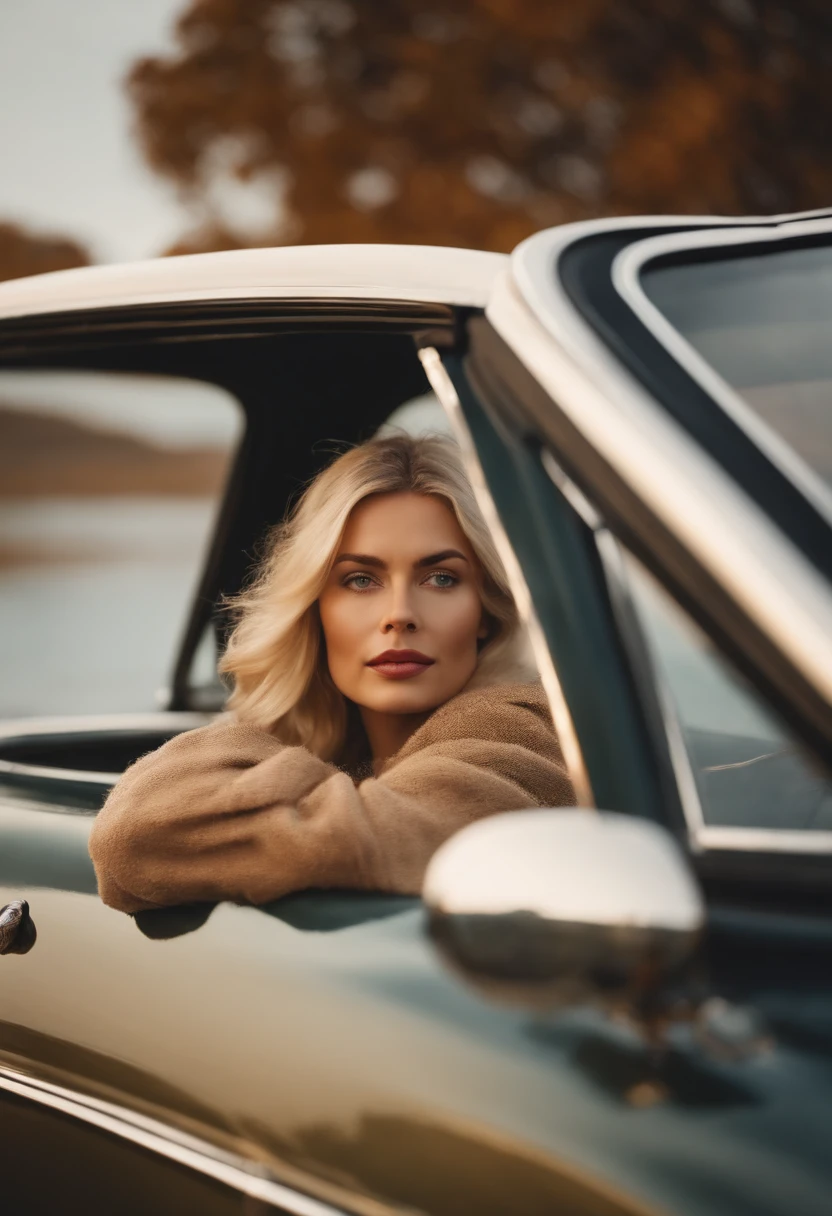 blonde woman,autumn , retro car and sea in the background, sunny day, half body shot, high quality photo