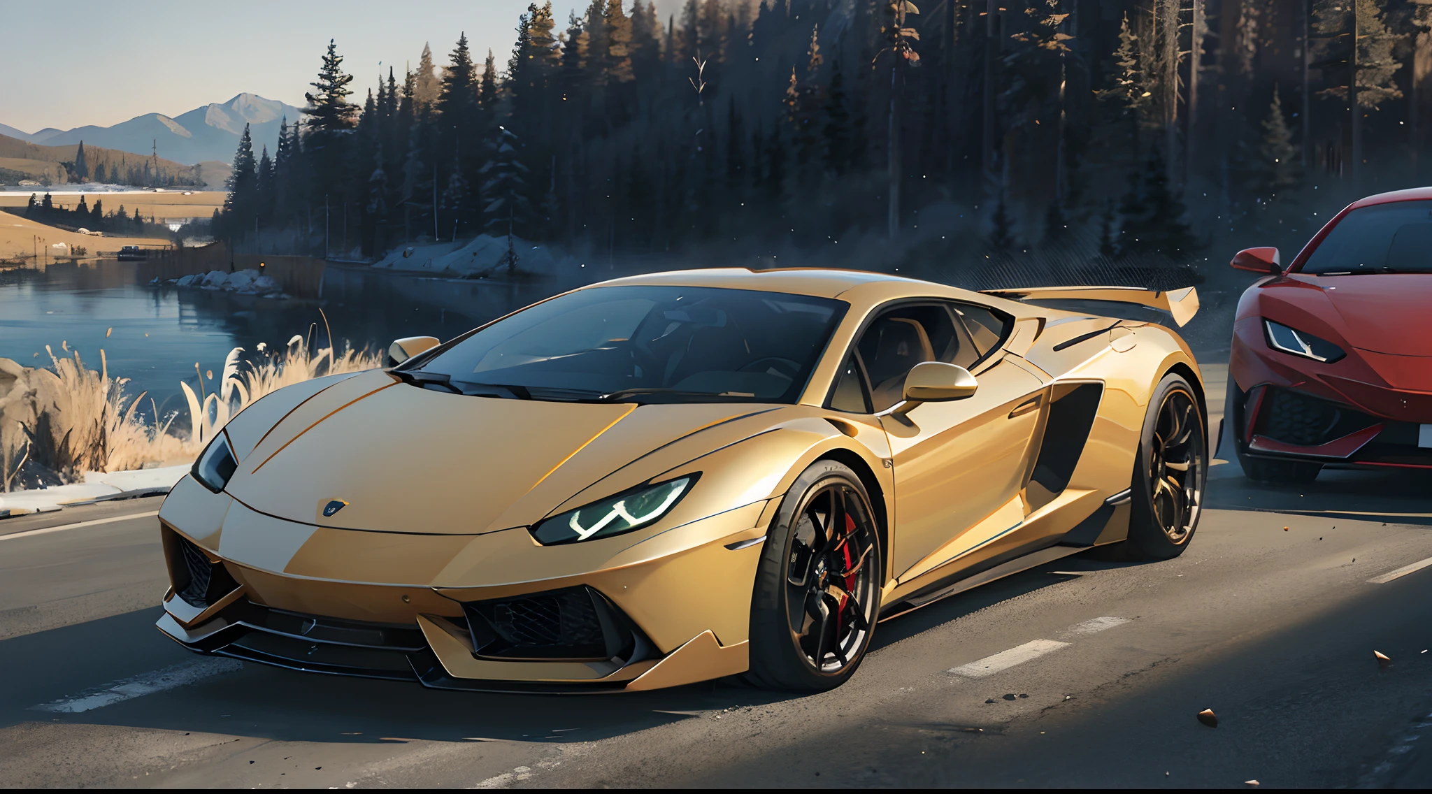 lamborghini parked near a old cabin , lake , 4k ,8k ,HD, hyperrealistic --auto --s2