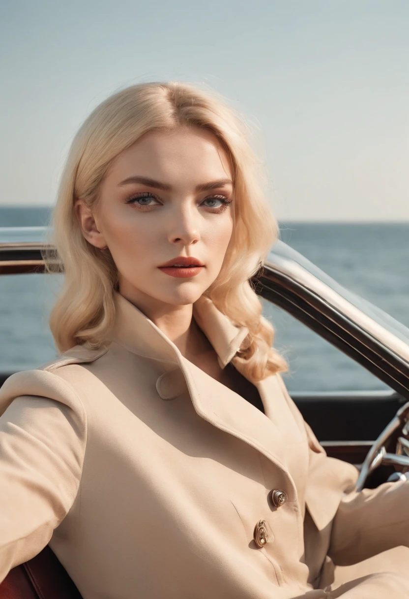 blonde woman,autumn , retro car and sea in the background, sunny day, half body shot, high quality photo