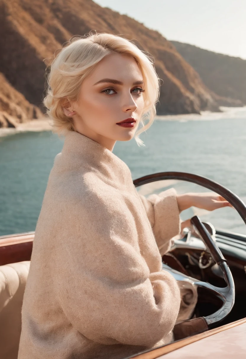 blonde woman,autumn , retro car and sea in the background, sunny day, half body shot, high quality photo