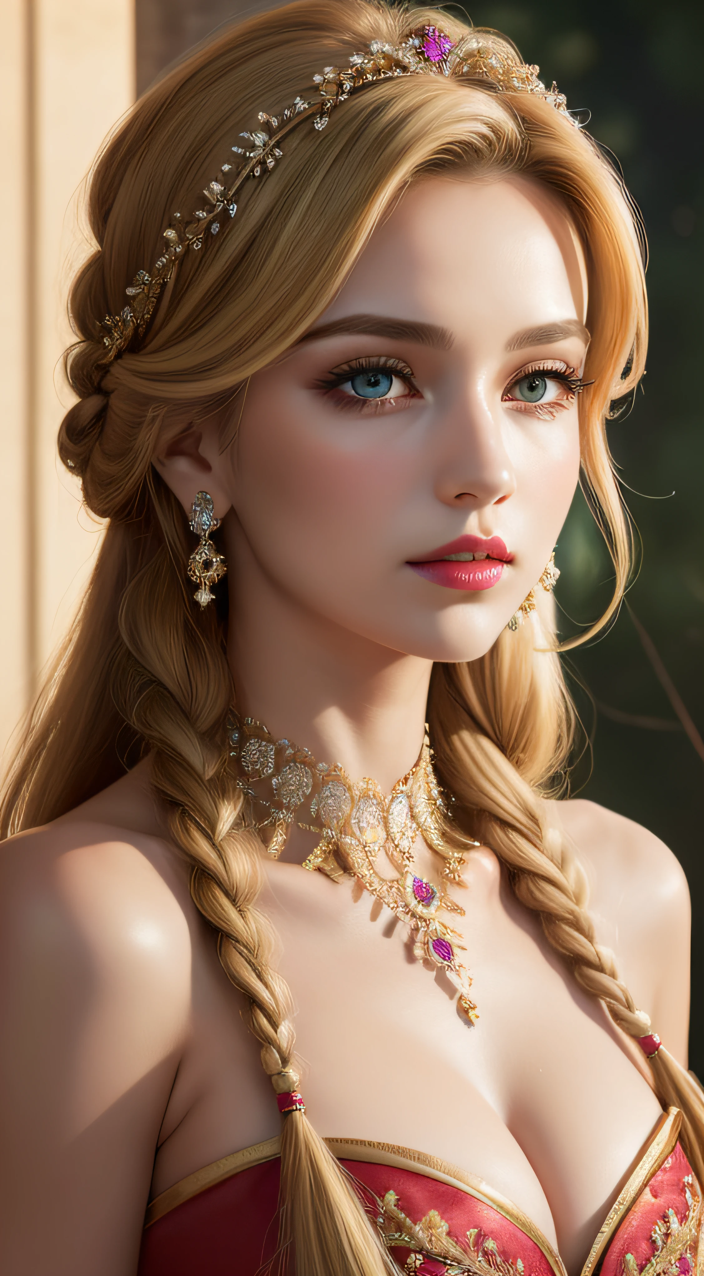 Unbeatable masterpiece, Ultra photo realsisim, Perfect artwork, Intricate details, Best quality, Strong light, High contrast, (royaldress:1.4)(Masterpiece) , (Best quality), (extremely detailed wallpaper CG unity 8k) , (best character detail:1.36), marshes, fantasy background, (delicated lines:1.24), (fantasy), (warm light:1.2) , Color splattering , Colorful, colorful background, detailed eyes, love eyes, detailed eyeshadows, green eyes, shiny eyes, Simple background, sexy, jewellery, ornaments, dark blonde hair, royal dress, pink dress, collorbone, red lipstick, cleavage, 1girl, matured girl, multi-braided hair(long hair:1.3), high high quality