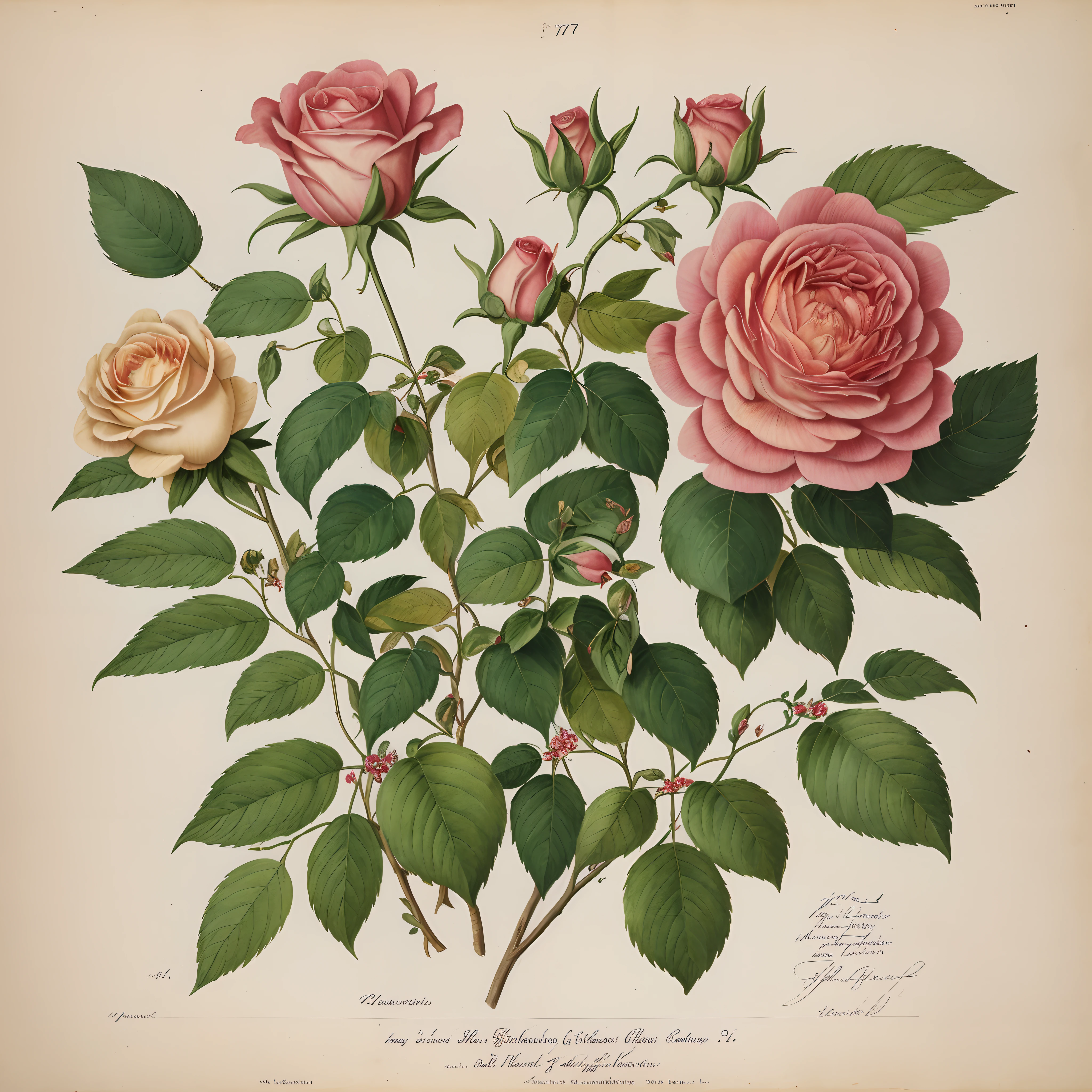 (best quality:1.2), (detailed:1.2), (masterpiece:1.2), vintage botanical illustrations of Larger Provence Rose (1770 1775) in high resolution by John Edwards
