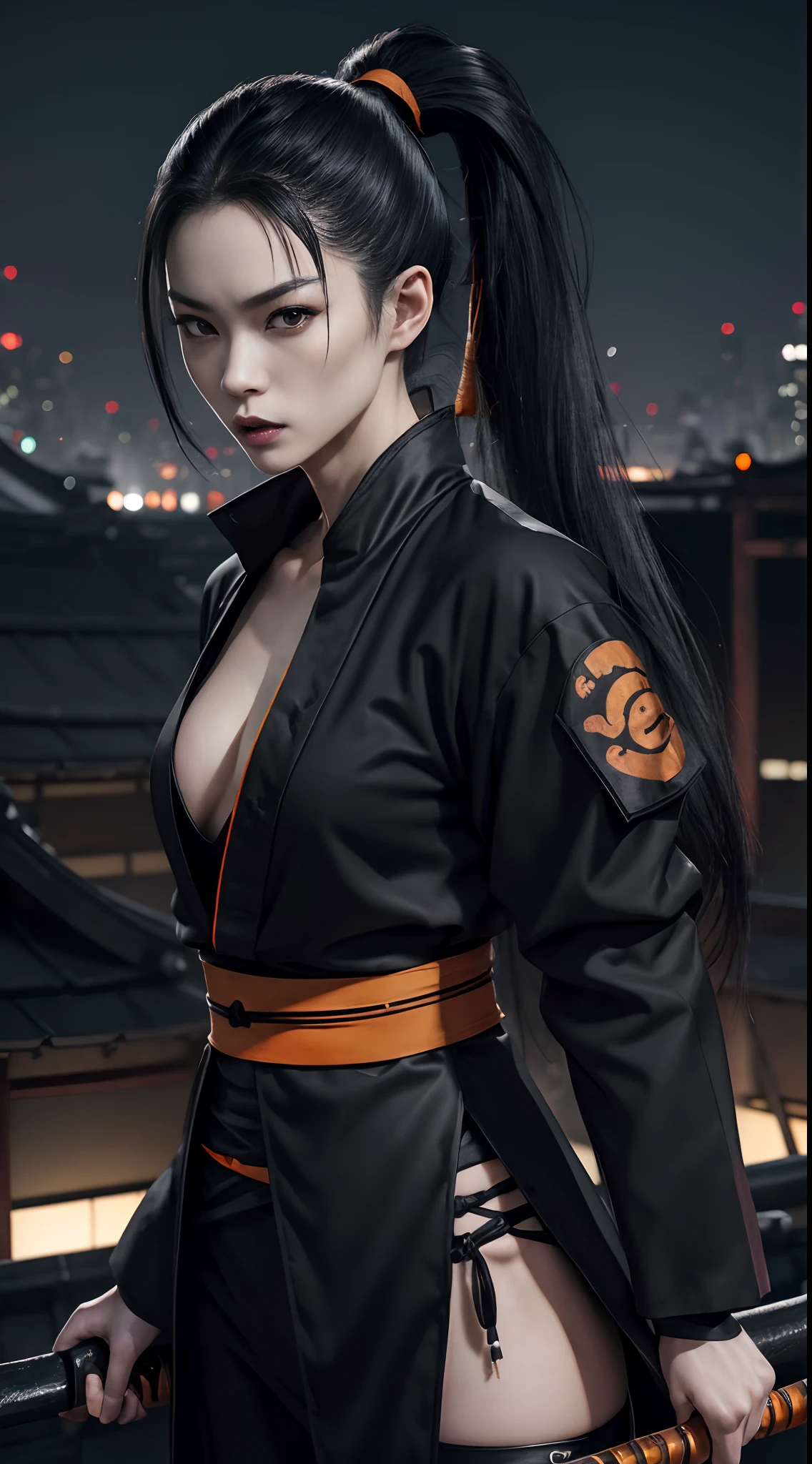 (A beautiful 25 years old Japanese female vampire ninja:1.4), (ponytail black hair:1.2), (pale skin), (detailed skin:1.4), (serious face), (wearing black outfit with orang lining:1.4), (waist up shot:1.2), view from front, (dynamic action pose:1.2), (chiaroscuro lighting:0.8), (building rooftop at night:1.2), photo realism, intricate face detail, intricate hand details, highly detailed, vibrant colors, cinematic, 8k, trending on Artstation--style raw