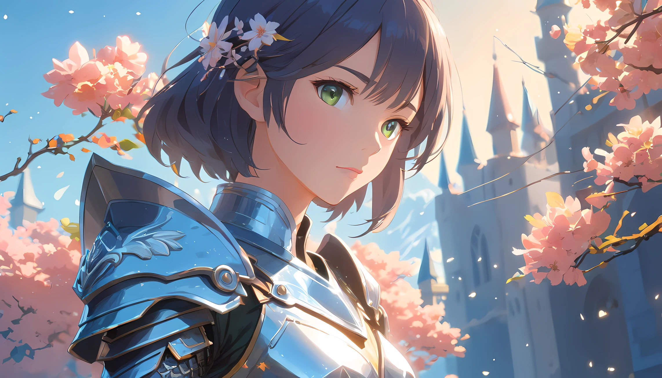 3d animation, (masterpiece, best quality),(extremely intricate:1.3), (realistic), 1girl, milf, caucasian, green eyes, perfect eyes, perfect iris, perfect pupils, perfect lips, perfect nose, perfect hands, very detailed hands, perfect fingers, black hair, short hair, straight hair, bobbles ponytail hair, (medieval armor), metal reflections, (((silver armor))), outdoors, far away castle, (ornately decorated armor), (insanely detailed, bloom:1.5), chainmail, intense sunlight, professional photograph of a stunning woman detailed, sharp focus, award winning, cinematic lighting, blurry background, upper body, ((confident)), (Pose:looking at the camera), shadows, contrast, clear blue sky, constellations, peaceful, serene, quiet, tranquil, remote, secluded, adventurous, exploration, escape, independence, survival, resourcefulness, challenge, perseverance, stamina, endurance, observation, intuition, adaptability, creativity, imagination, artistry, inspiration, beauty, awe, wonder, gratitude, appreciation, relaxation, enjoyment, rejuvenation, mindfulness, awareness, connection, harmony, balance, texture, detail, realism, depth, perspective, composition, color, light, shadow, reflection, refraction, tone, contrast, foreground, middle ground, background, naturalistic, figurative, representational, impressionistic, expressionistic, abstract, innovative, experimental, unique