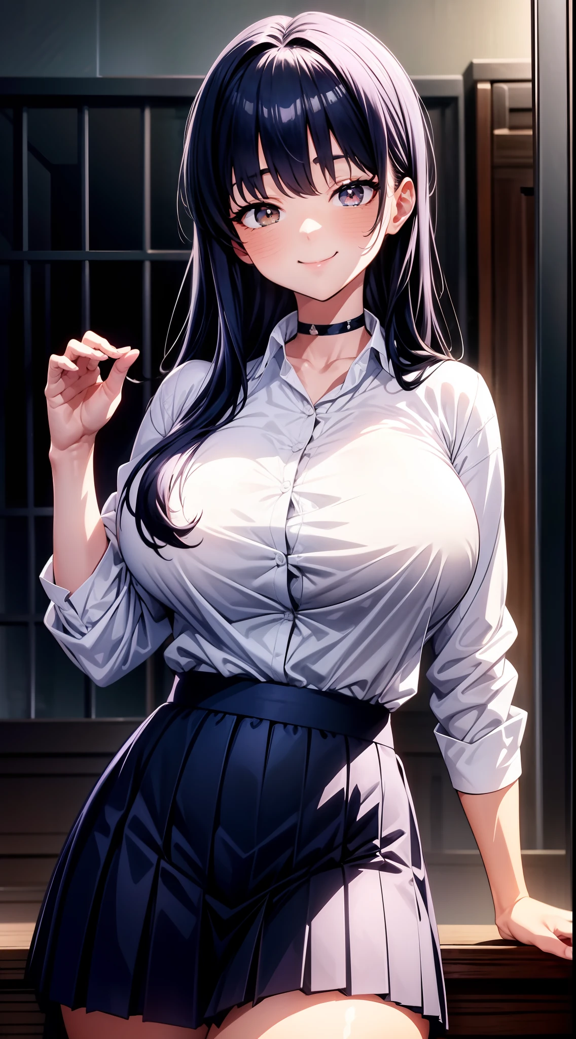 8k, highres, ultra detailed, (masterpiece:1.4), best quality, symmetrical body, (white shirt:1.4), (long dark Blue skirt:1.4), choker, provocative pose, cute, solo, long hair, dark purple hair, Brown eyes, glow effect, finely eye, wide smile, grinning, detailed face, looking at viewer, smilling at viewer, at school, angled view, big breasts