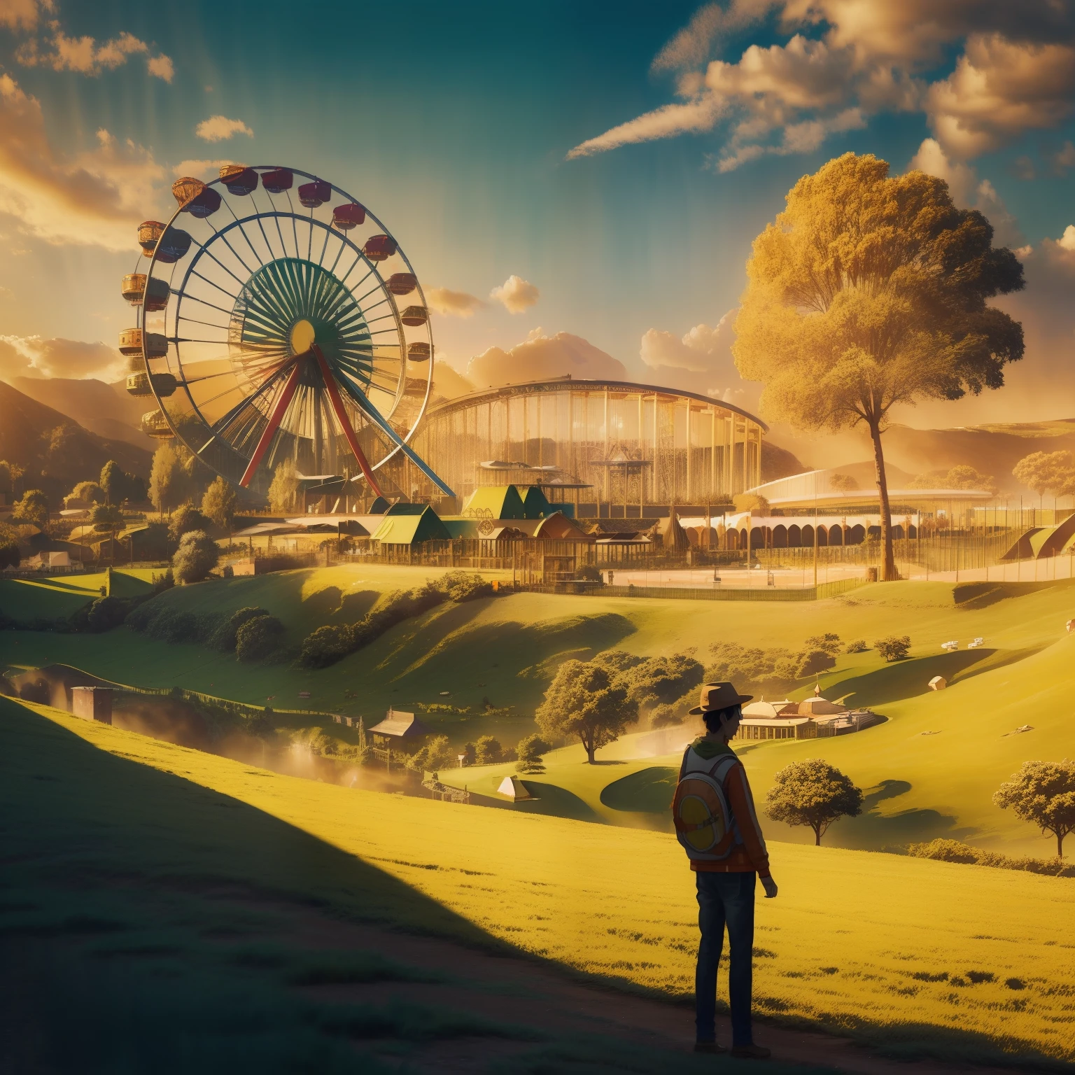 Watercolour, A panoramic view of happy land fun park, selfie dada, at dusk, golden sunlight reflecting on the ferris wheel, dry stonewalling, green fields, ferris wheel