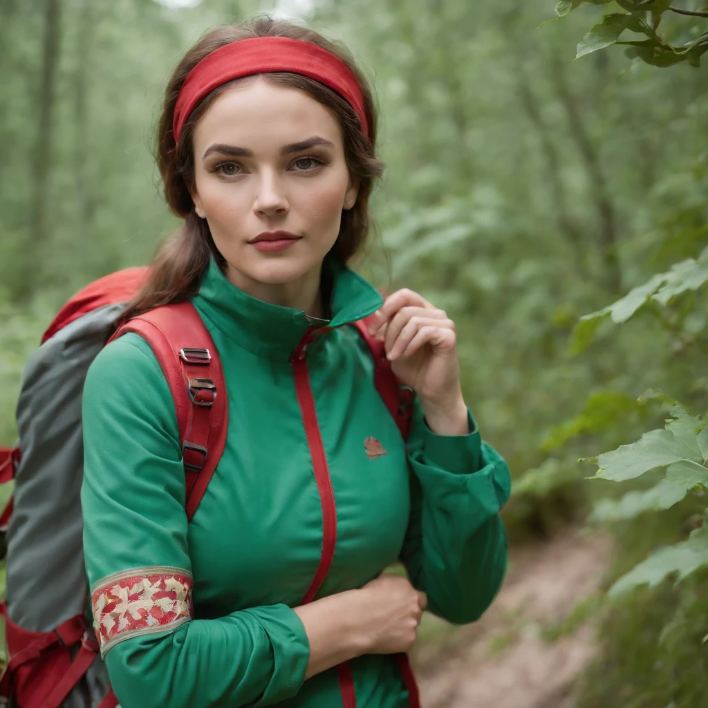 Hiker, in the style of bold fashion photography, red and green, detailed costumes, barbiecore, pale palette, iconic, grandiose color scheme
