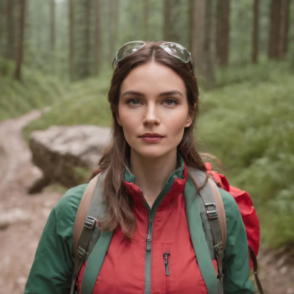 Hiker, in the style of bold fashion photography, red and green, detailed costumes, barbiecore, pale palette, iconic, grandiose color scheme