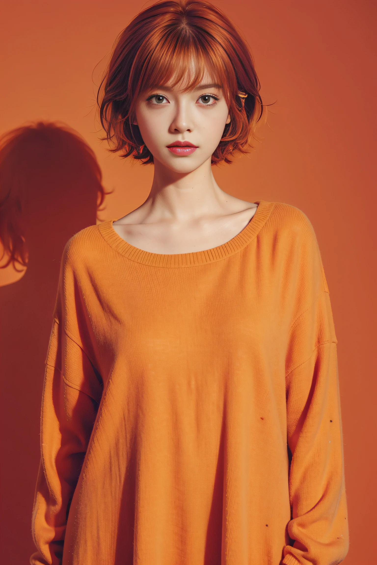 one-girl,frock,scribbles,Colored spots,plethora of colors,a warm color palette,8K,Orange clothes,Orange hair,short detailed hair