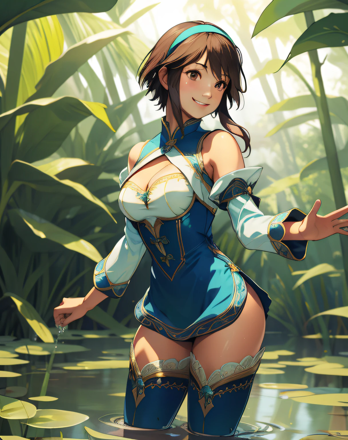 xianghua,brown eyes,short hair with long locks,lips, brown hair, solo, upper body, cute, smiling, hands behind back, lower body, xiaRobe, short blue dress , tight blue thighhighs ,cleavage cutout ,hairband, detached sleeves ,jewelry, puffy sleeves, white panties, lake, stars, sink in a mud pond, marsh plants floating, jungle environment half of the whole body is immersed in water, standing in a swamp,