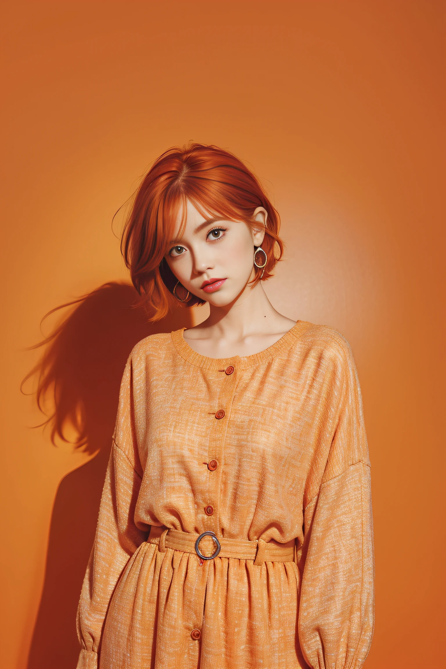 (masterpiece, best quality, 1 girl, solo, intricate details, chromatic aberration), realistic, ((medium breath)),long hair, red hair, red decoration on the head, pink highlights, amber eyes, earrings, sharp eyes, necklace, neon shirt, ripped shorts, unbuttoned jacket, turtleneck, night, against the wall, brick wall, graffiti, dim lighting, alley, look at the viewer