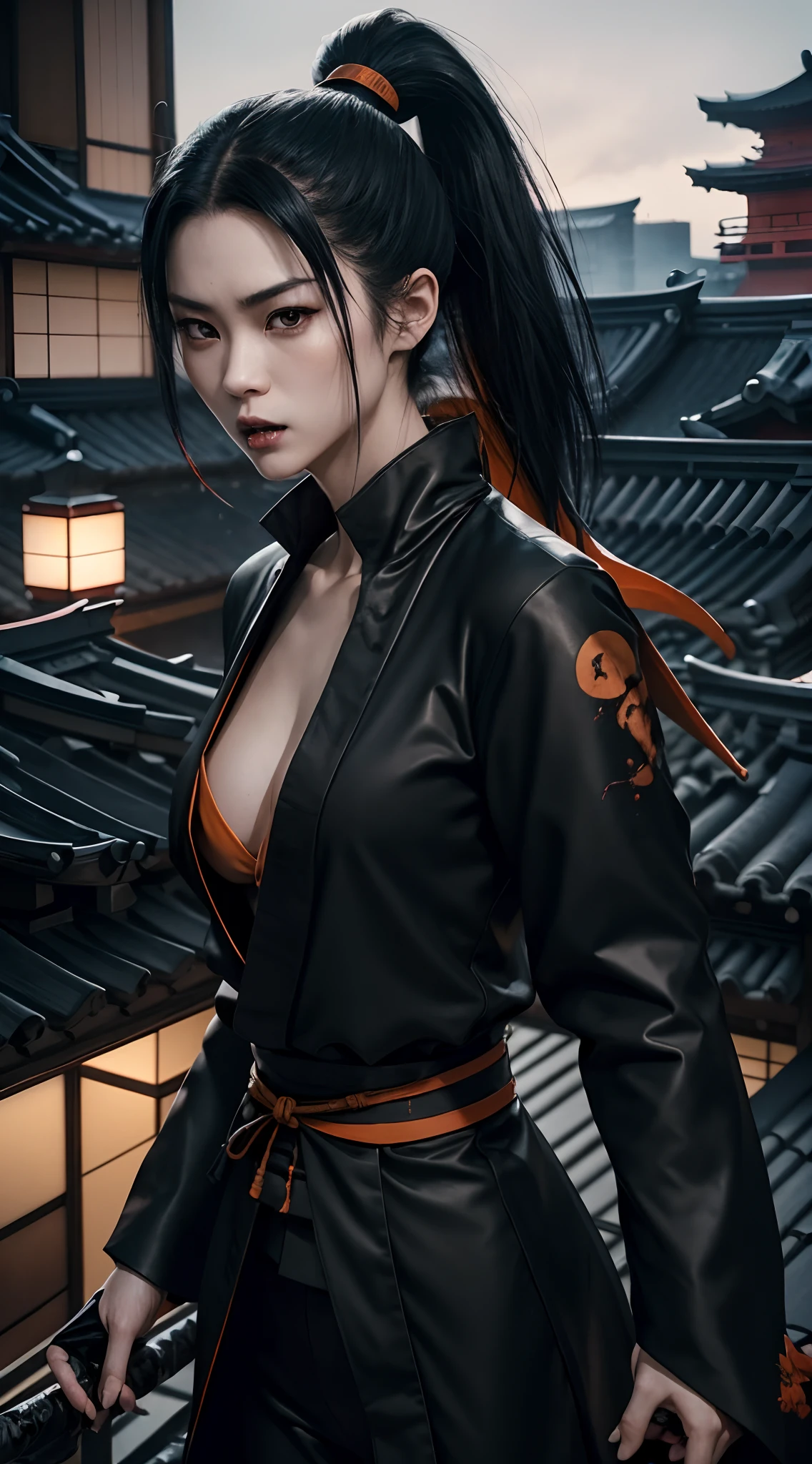 (A beautiful 25 years old Japanese female vampire ninja:1.4), (ponytail black hair:1.2), (pale skin), (detailed skin:1.4), (serious face), (wearing black outfit with orang lining:1.4), (waist up shot:1.2), view from front, (dynamic action pose:1.2), (chiaroscuro lighting:0.8), (building rooftop at night:1.2), photo realism, intricate face detail, intricate hand details, highly detailed, vibrant colors, cinematic, 8k, trending on Artstation--style raw