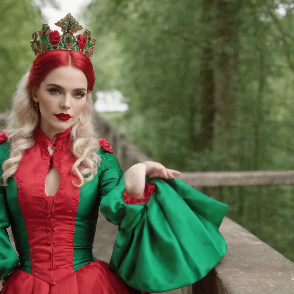 Bridge, in the style of bold fashion photography, red and green, detailed costumes, barbiecore, pale palette, iconic, grandiose color scheme