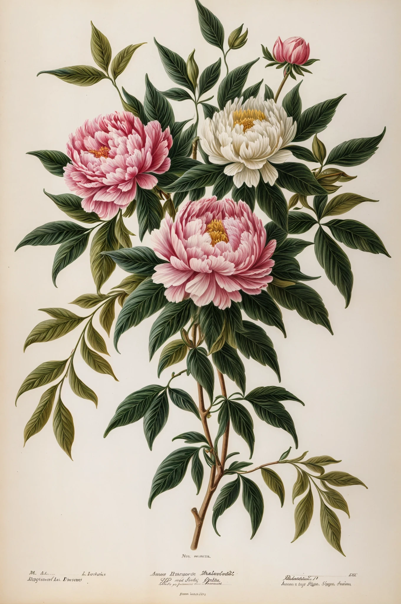 (best quality:1.2), (detailed:1.2), (masterpiece:1.2), vintage botanical illustrations of peonies (1770 1775) in high resolution by John Edwards