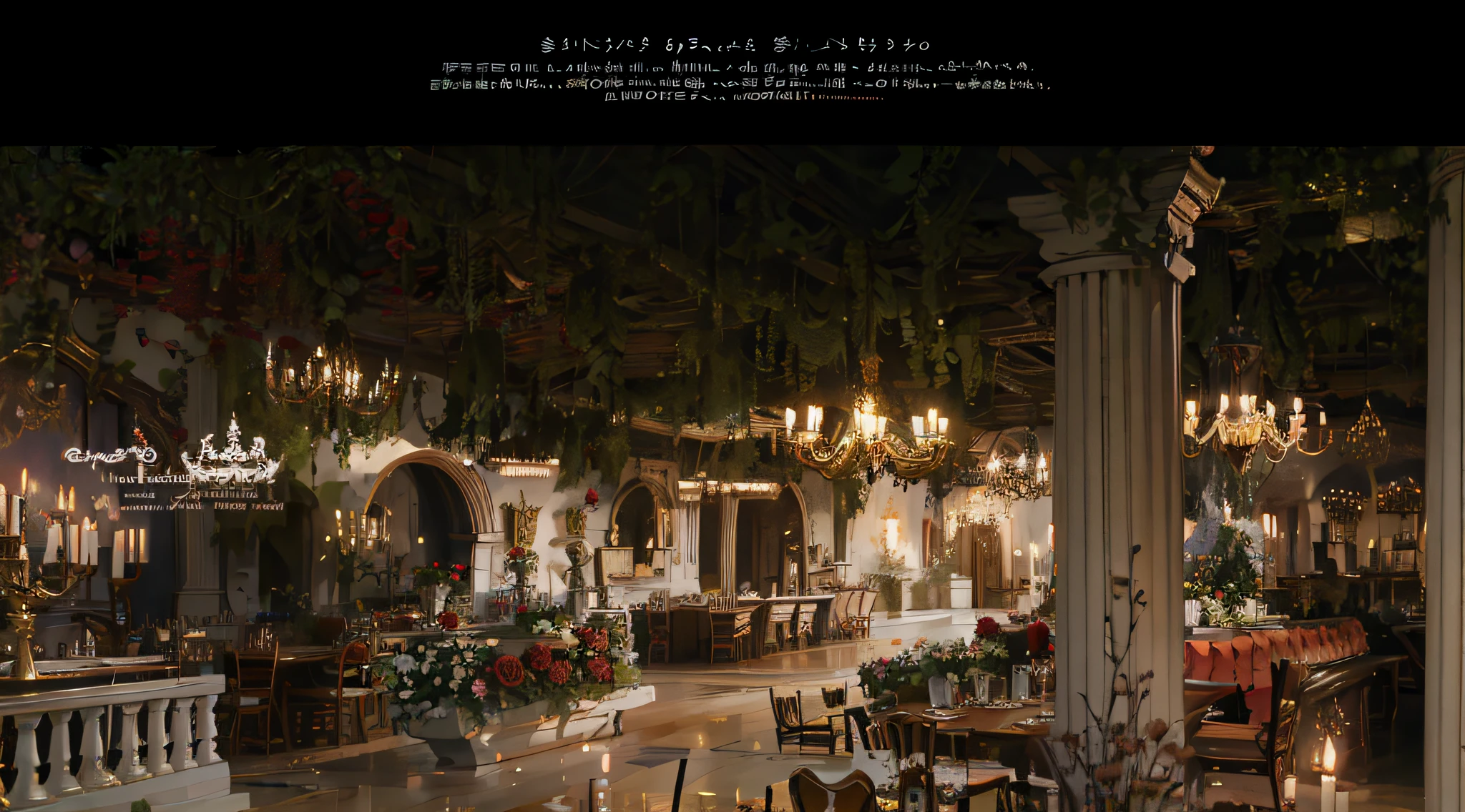 European Wedding,There were a lot of tables and chairs, dreamy atmosphere and drama, Magical atmosphere + Masterpiece, luxurious environment, fairy tale setting, illusory engine ; romantic motifs, Dreamy atmosphere, Magical atmosphere, luxurious wedding, author:Emma Andievska, Gothic antique theme, very magical and dreamy, palatial scene, stunning arcanum backdrop,Sleeping chandelier,Lots of roses,Roman columns