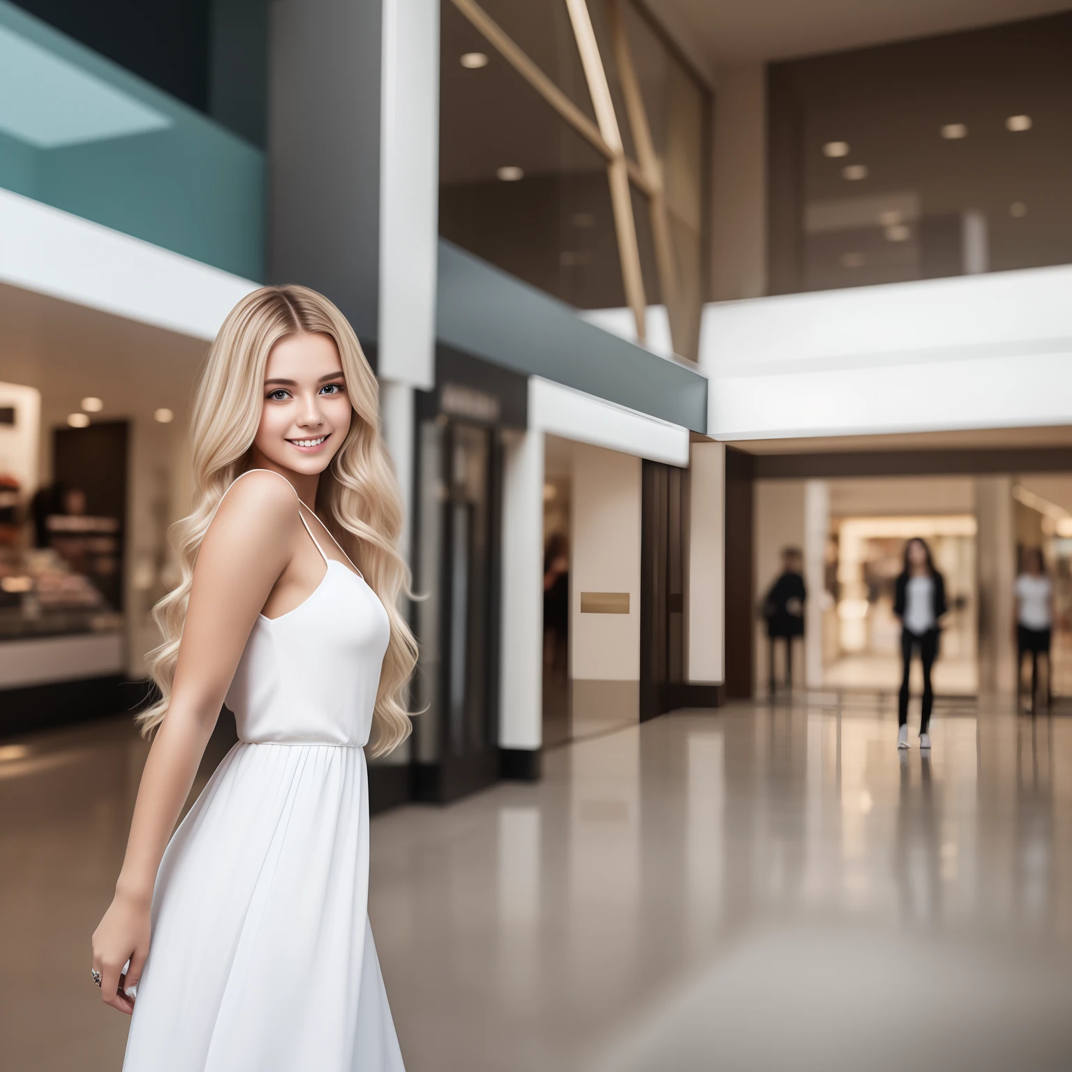 8k hyper realistic photography of a 20 years old blonde woman with weavy hair falling to the shoulder posing in a mall wearing a white dress