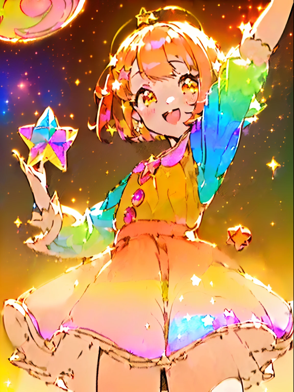 ((masutepiece)), ((Best Quality)), (magical little girl:1.4), (Cute One Girl, Peachy Hair, short-hair, bob cuts, yellow eyes:1.3), (colorfull dress, Star-shaped ornaments, Iridescent skirt:1.3) (Raise one hand above your head, Cute smile, Red cheeks, Open mouth:1.3), (Bright background, Glitter Effects, :1.2), ((delicate illustration)), ((Ultra Detail)), ((Ultra-delicate)),