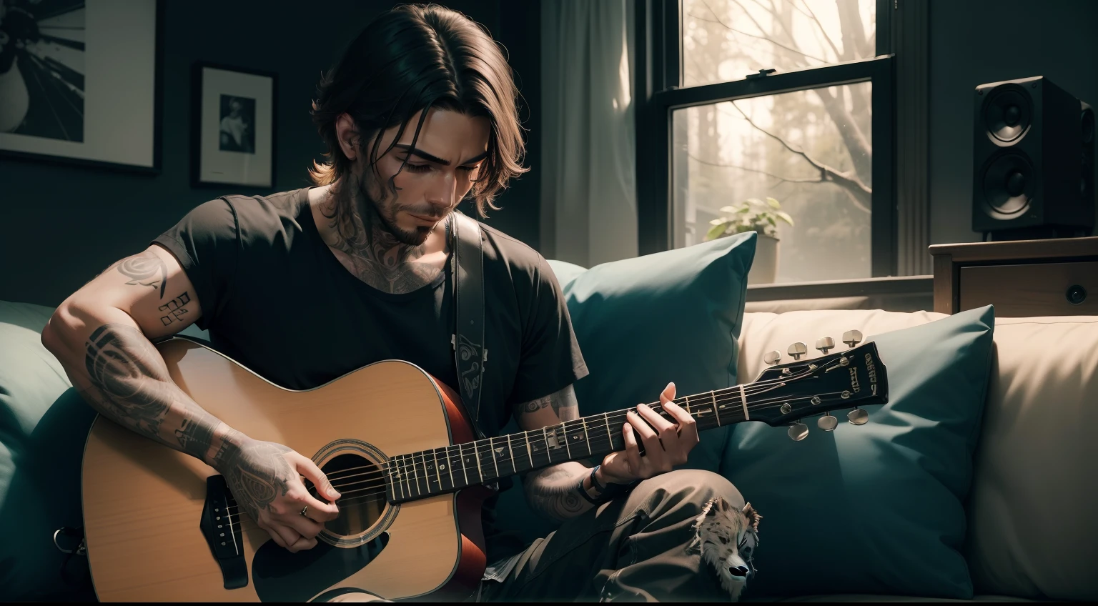 A tattooed man, sitting on a sofa, black room, guitar, speakers, a dog