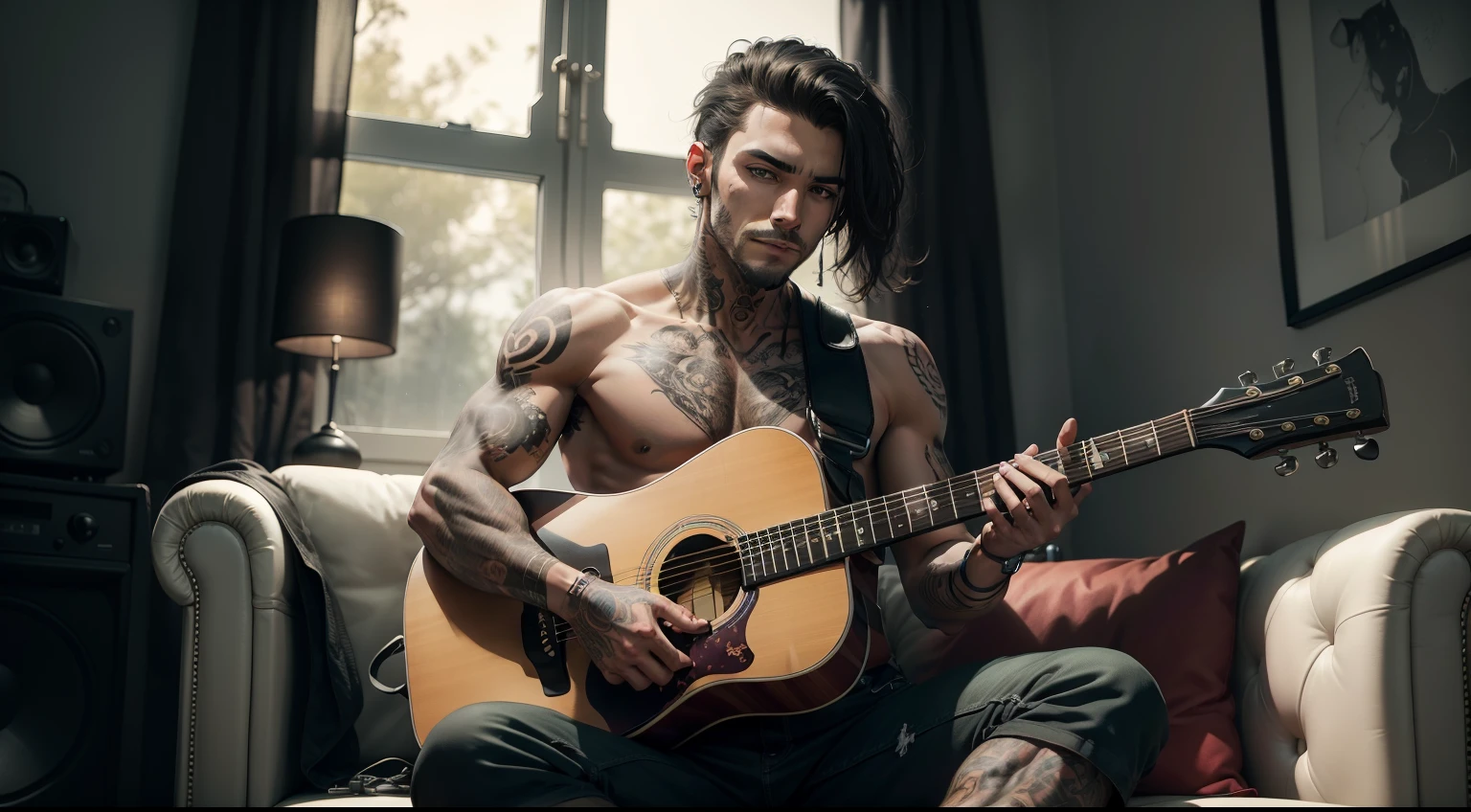 A tattooed man, sitting on a sofa, black room, guitar, speakers, a dog