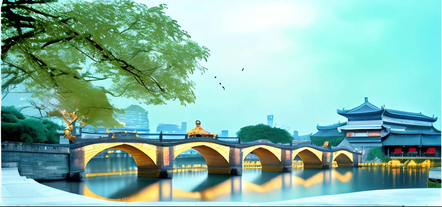 There is a bridge,Illuminated by lights on the water, Hangzhou, Riverside, guangjian, bridge, travel, Highlight, Chinese tradition, qiangshu, Ancient Chinese architecture, by Ni Yuanlu, all buildings on bridge, Portrait shooting, Chinese architecture, gwanghwamun, Five bridges travertine bridge, Wonderful, Bridges, Edited, In the spotlight