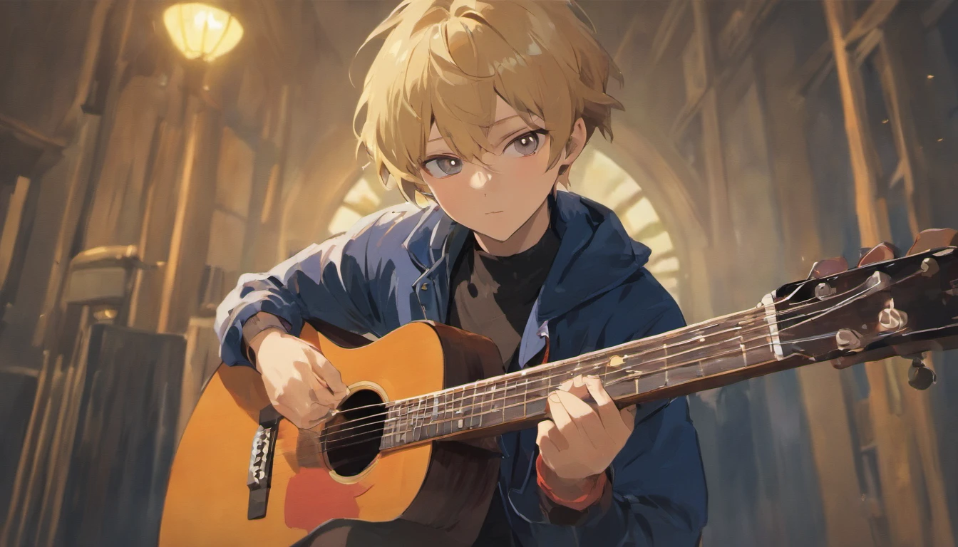 The theme is studio musicians playing acoustic guitar、Male but neutral face、Hair length is short and navy color、The acoustic guitar model is TAKAMINE、A gray jacket that hides up to the neck with a red line、Sitting in a chair and playing、legs crossed、The expression is soft、