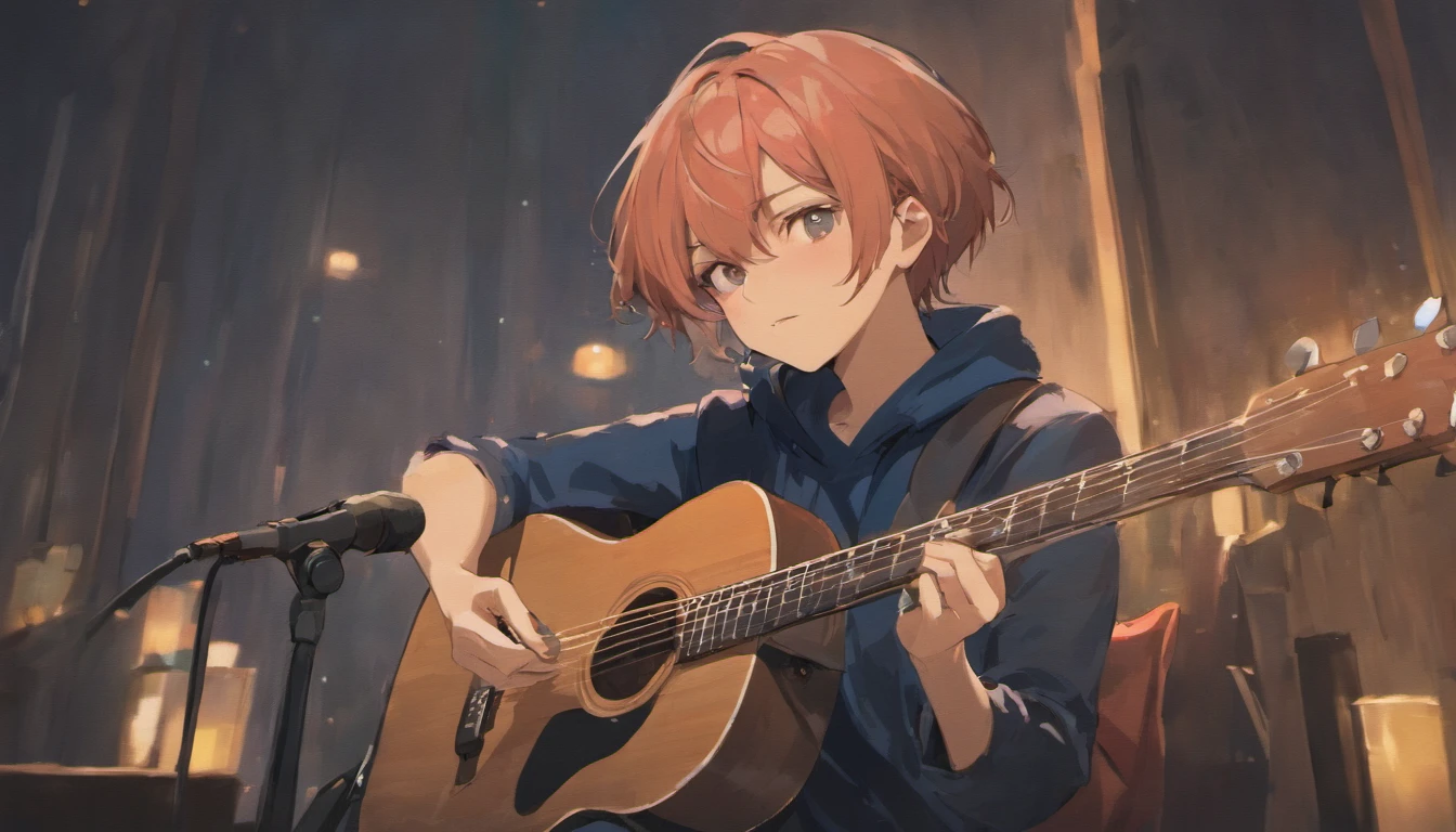 The theme is studio musicians playing acoustic guitar、Male but neutral face、Hair length is short and navy color、The acoustic guitar model is TAKAMINE、A gray jacket that hides up to the neck with a red line、Sitting in a chair and playing、legs crossed、The expression is soft、