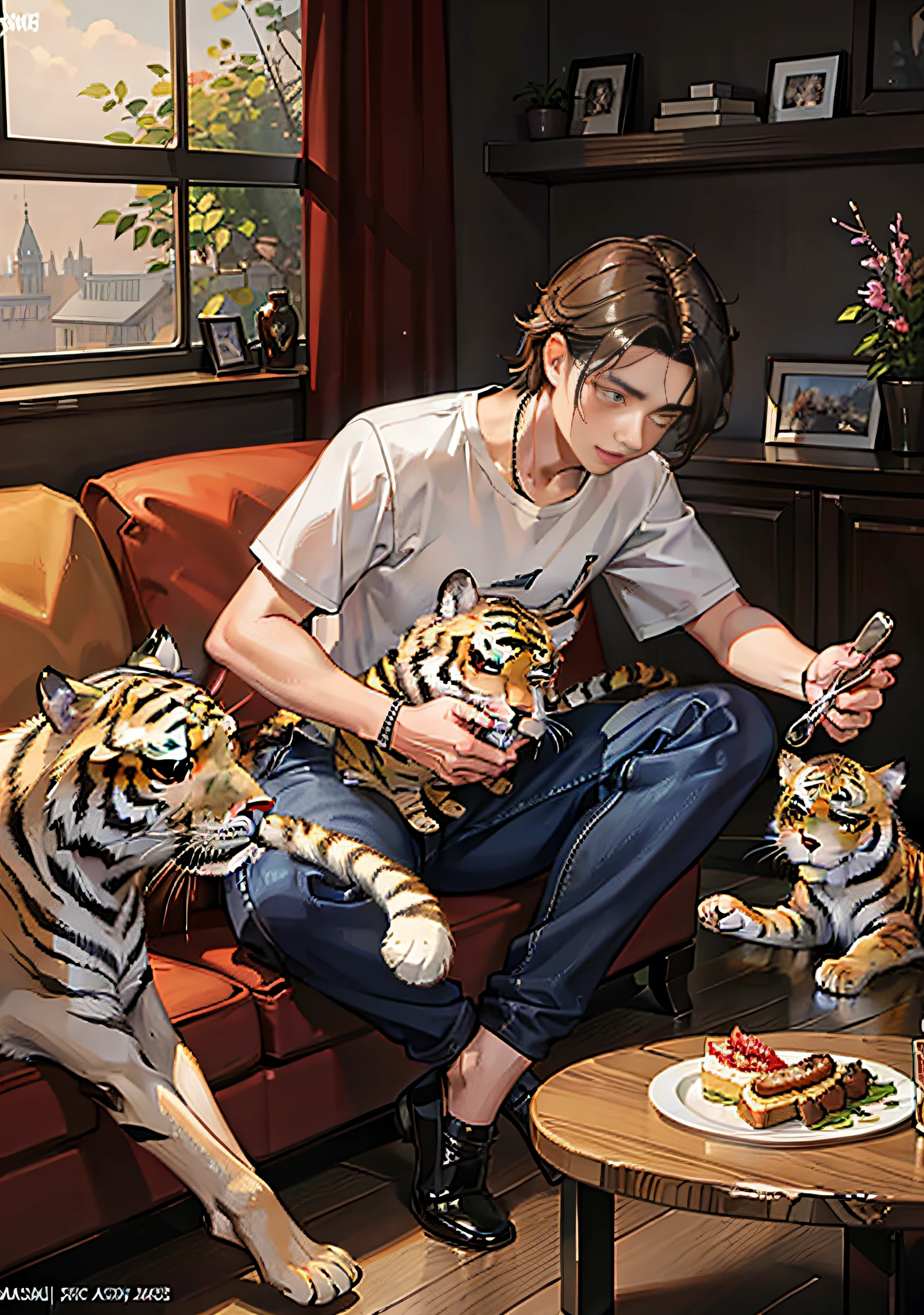 A man feeds tiger cubs in the living room，ultraclear，Lots of detail