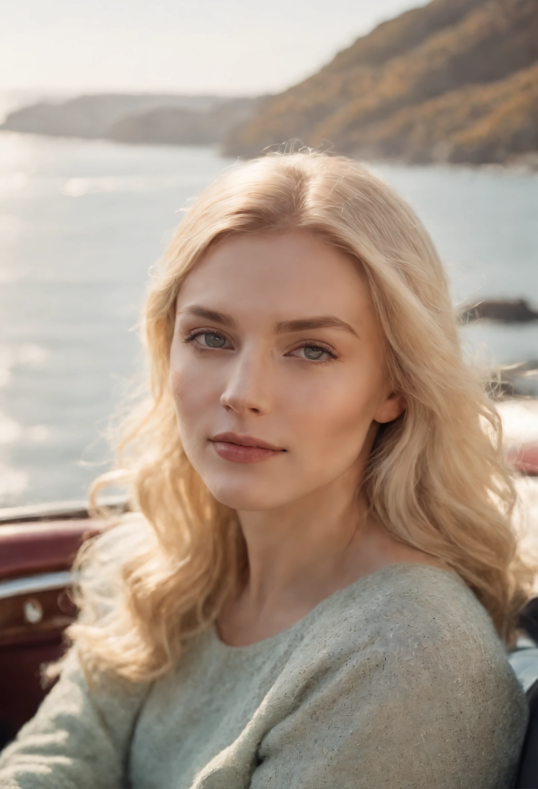blonde woman,autumn , retro car and sea in the background, sunny day, half body shot, high quality photo