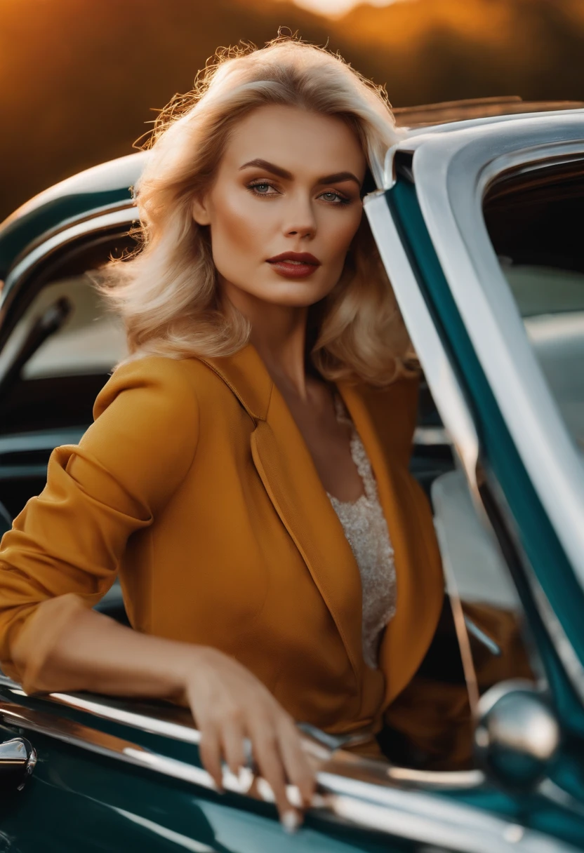 blonde woman,autumn , retro car and sea in the background, sunny day, half body shot, high quality photo