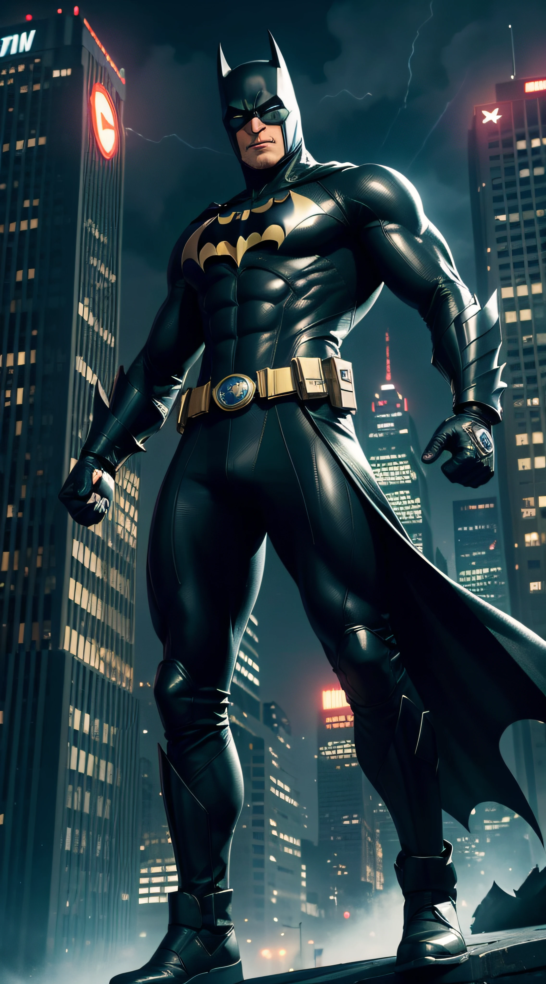 (best quality, highest:1.2), ultra-detailed, realistic:1.37, 3D animation, batman, super car, action-packed, heroic, nighttime, shiny metallic body, sleek design, dynamic movement, detailed perfect body, detailed beautiful body, cityscape backdrop, intense lighting, moody atmosphere, comic book style, vibrant colors, contrast, dramatic poses, laser eyes, cape flowing in the wind, explosions and special effects, ominous shadows, gritty urban environment, gadget-filled belt, masked vigilante, badass attitude, futuristic technology, fast-paced motion, high-tech gadgets, foreboding rooftop scene, iconic bat symbol, adrenaline-fueled chase scene, high-octane adventure, wings spread wide, superheroes maneuvers, thrilling adrenaline rush, crime-fighting sensation, imposing presence, incredible superpowers, mysterious persona, classic superhero, vivid and crisp visuals, attention-grabbing aesthetics, astonishing attention to detail, grand and epic spectacle