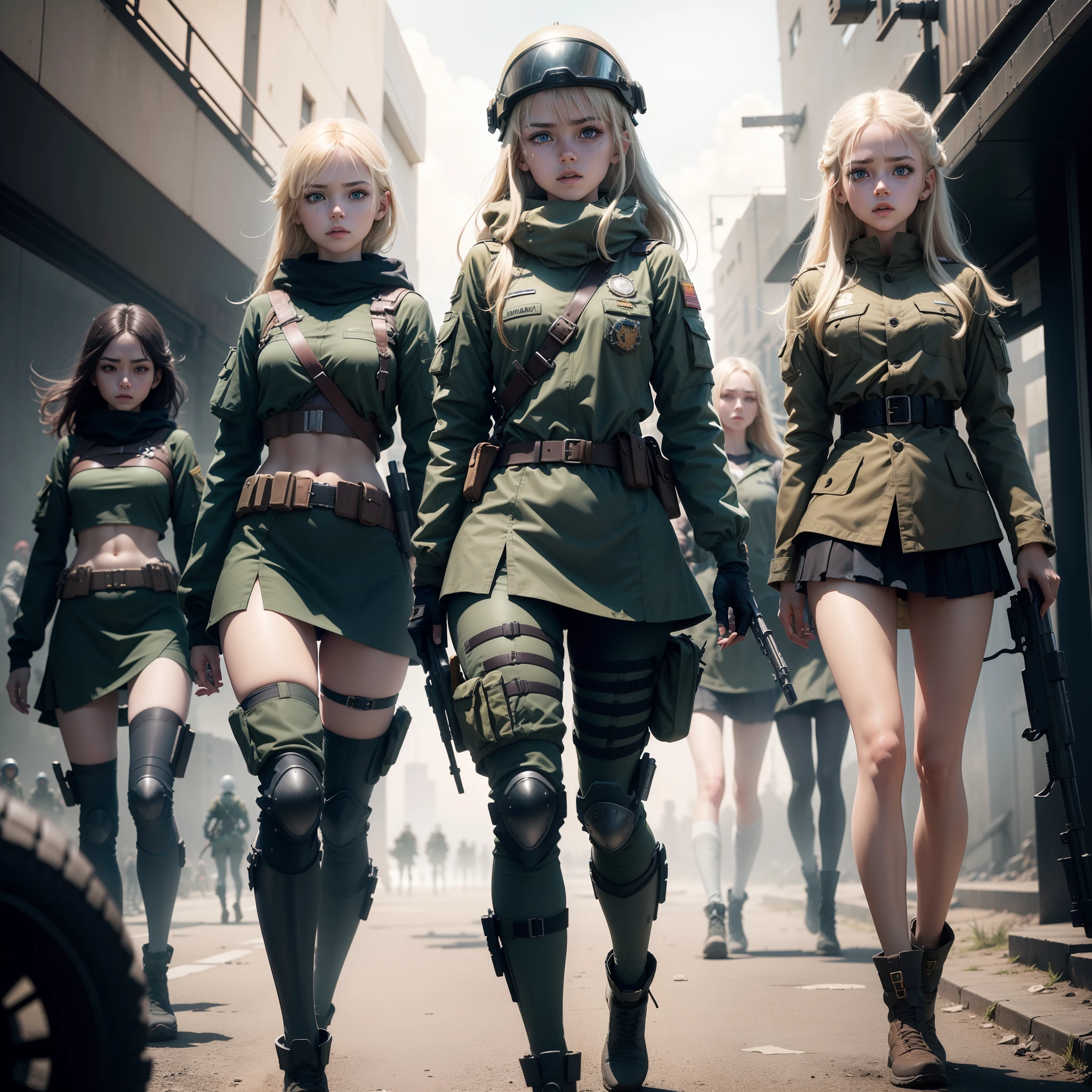 Three Ukrainian girls heading to the battlefield , Ukrainian anime girls , , Ukraine , Full body composition of young girl with messy bright blonde hair, eye make up, 13 year old, Soft lighting, Solo, Old torn dirty shabby futuristic military uniform, badges, Pose, Blotch color, Octane Render, Hyperrealistic intricate detail, Cinematic, 8K resolution, 70mm, Accent Lighting, Global Illumination, Full body portrait, clean detailed faces, intricate clothing, Cute face, flat chest, Slim waist, Slim legs, small hips,Ordinary soldier clothes,Wearing a helmet,Holding a gun
